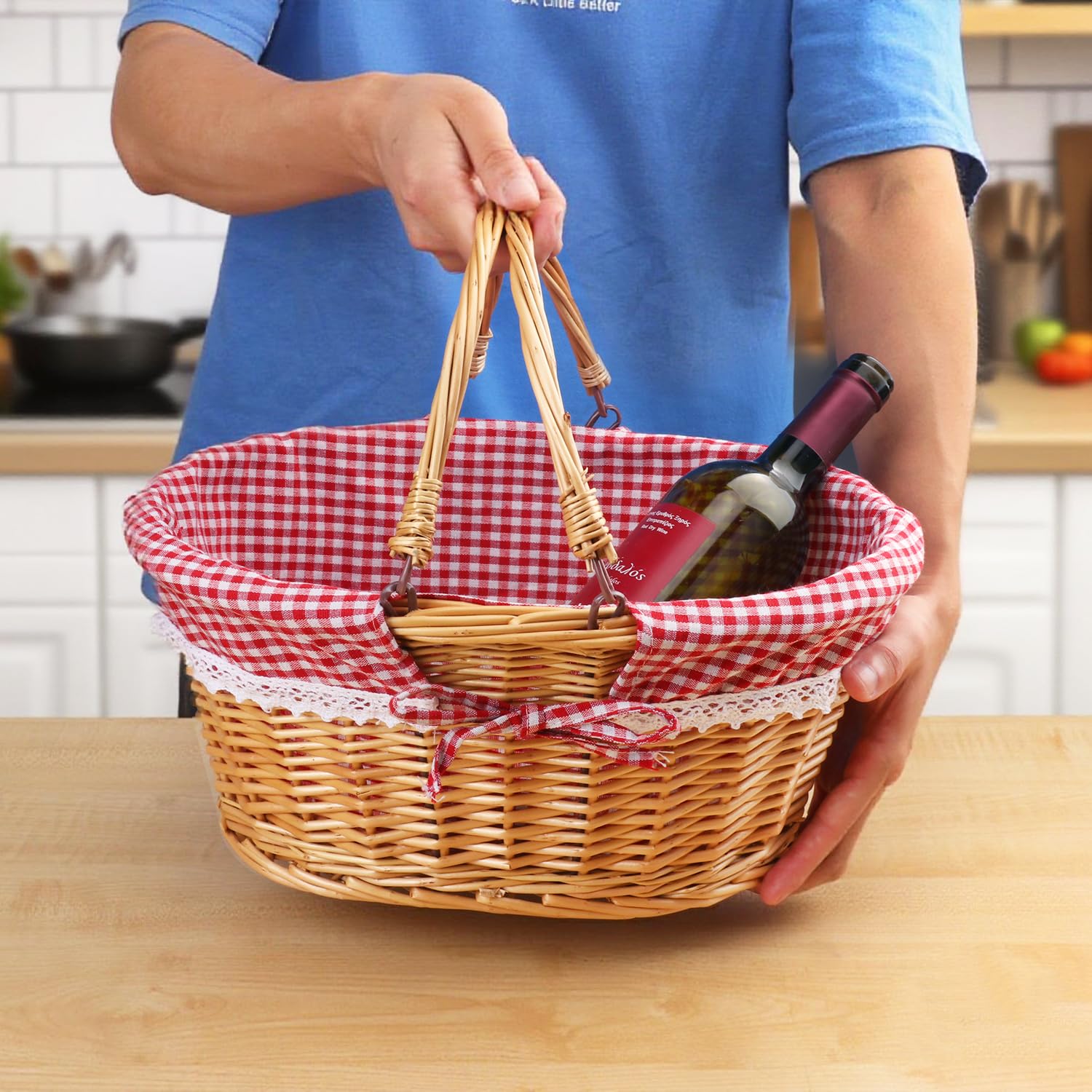 GNIEMCKIN 1 cestino in vimini da 35,5 cm con manico, cestino da picnic in vimini con fodera a scacchi, cestino ovale in vimini intrecciato per frutta, vino, matrimoni, picnic