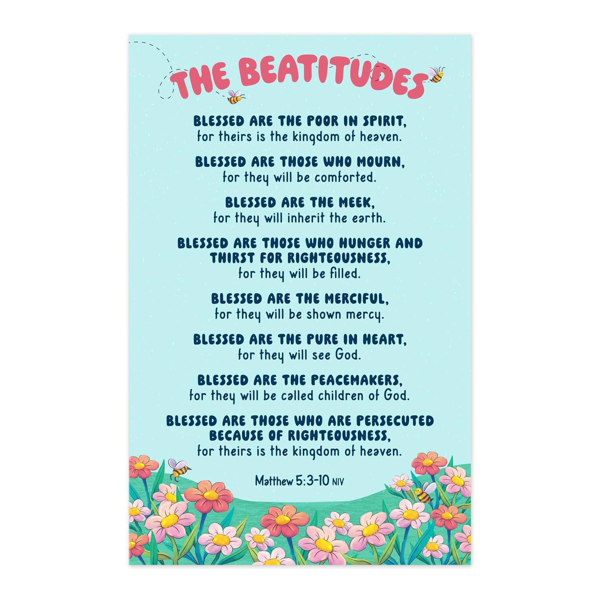 XGINERFEX Beatitudes Wall-Art - Matthew 5:3-10 Poster with Full Color Pictures, Educational Bible Verse Print for Sunday School and Homeschool Learning(Framed,16x24inch(40x60cm))