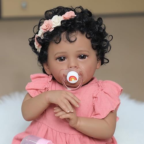 SCOM Muñeca realista Reborn  Niña afroamericana negra de 18 pulgadas, muñecas realistas con cuerpo suave y pesado, juguete de regalo de bebé real