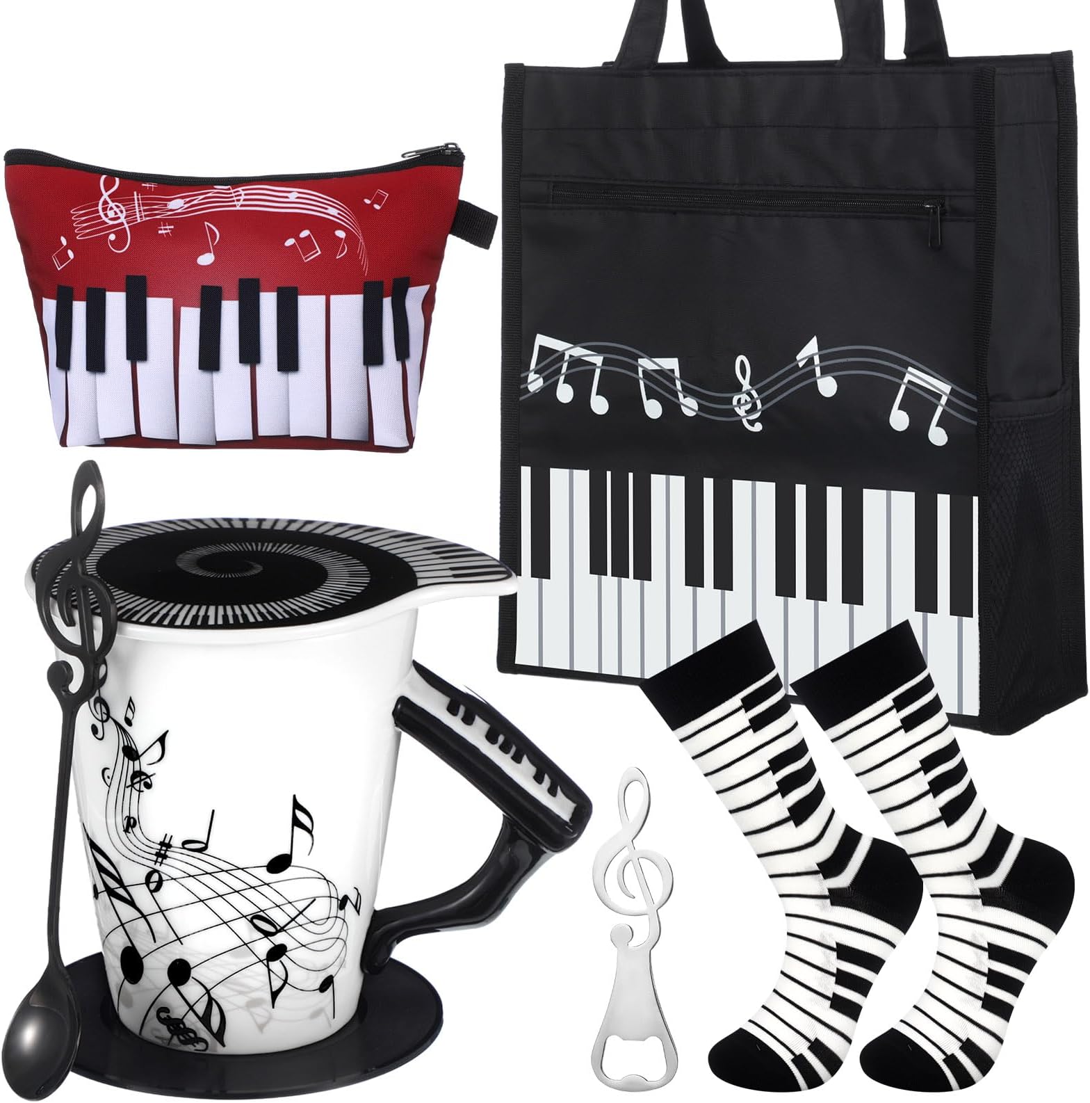 7 Pieces Music Teacher Appreciation Gift Set Include Ceramic Music Coffee Mug Piano Handbag Sock Cosmetic Bag Guitar Bottle Opener Spoon Insulated Coaster for Art Lover(Piano Style)