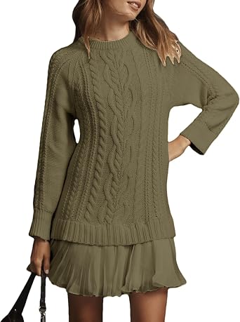 Womens Cable Knit A-Line Mini Sweater Dress
