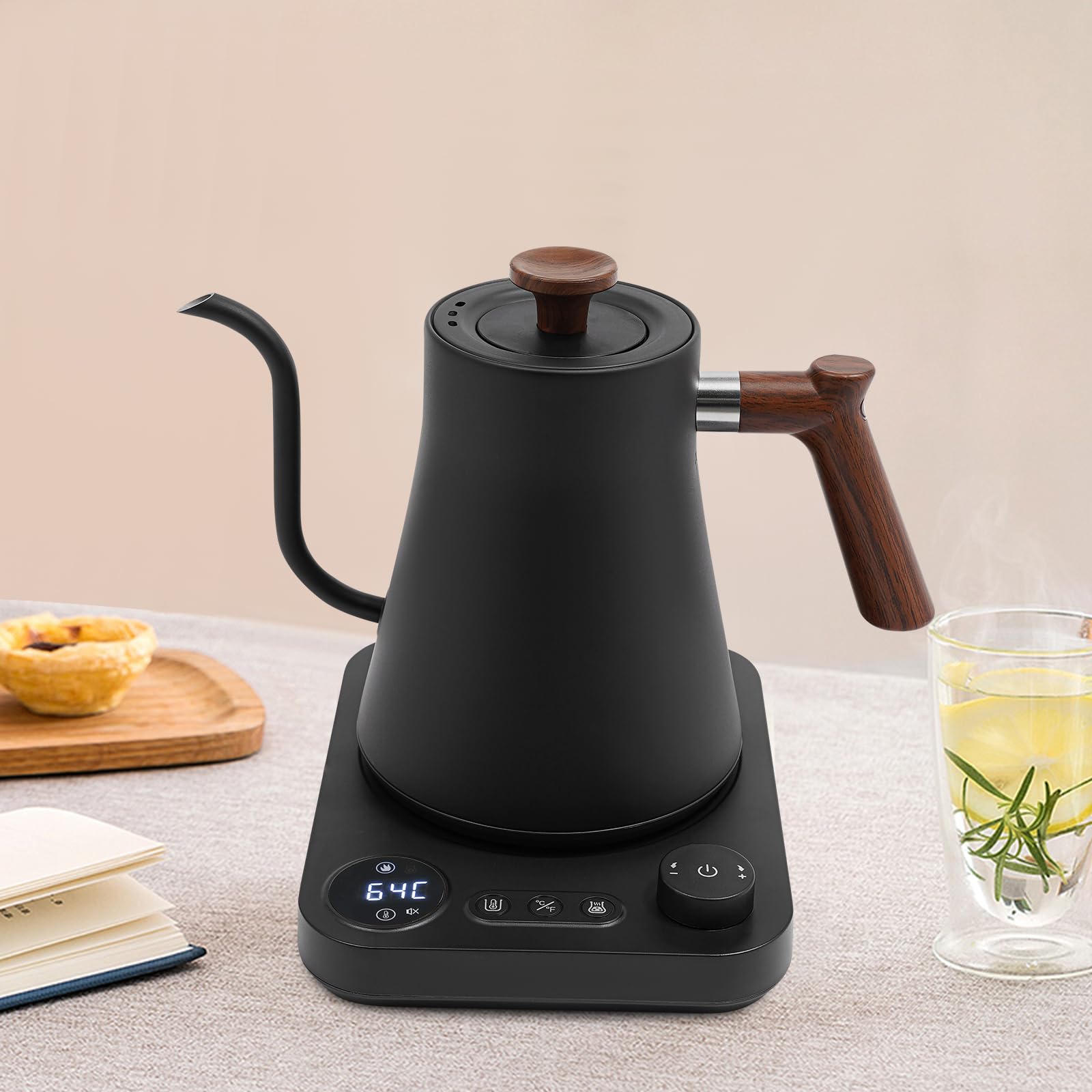 Hervidor eléctrico de cuello de cisne de 0,9 l con interior de acero inoxidable 304 y pantalla LED Control de temperatura de ±1 °F for el hogar oficina y cafetería(Black)