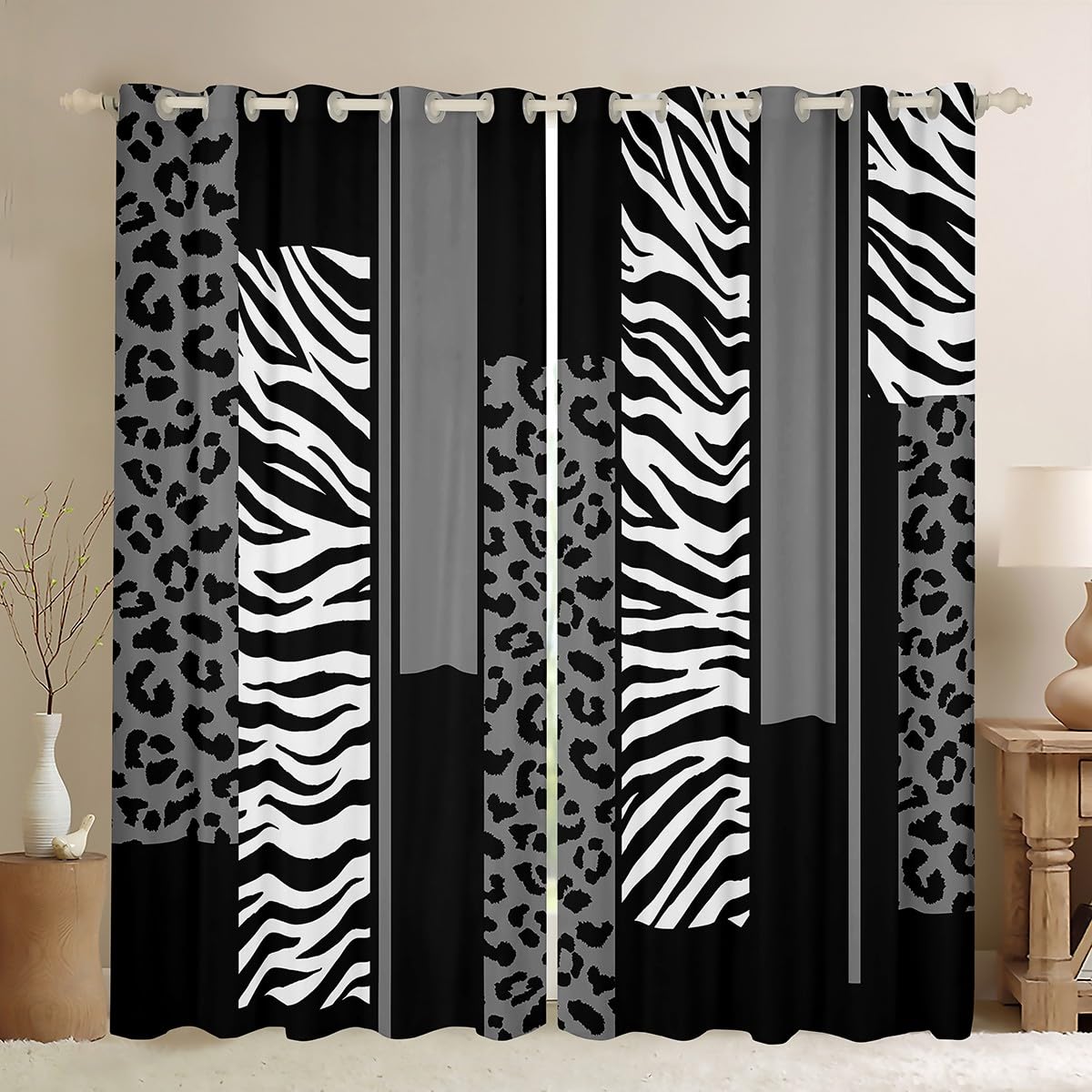 Homemissing Leopard Zebra Curtains for Bedroom Living Room Kids Cheetah Grey White Black Blackout Curtains(30%-50%) Animal Print Window Dreapes Safari Window Treatments W66*L72