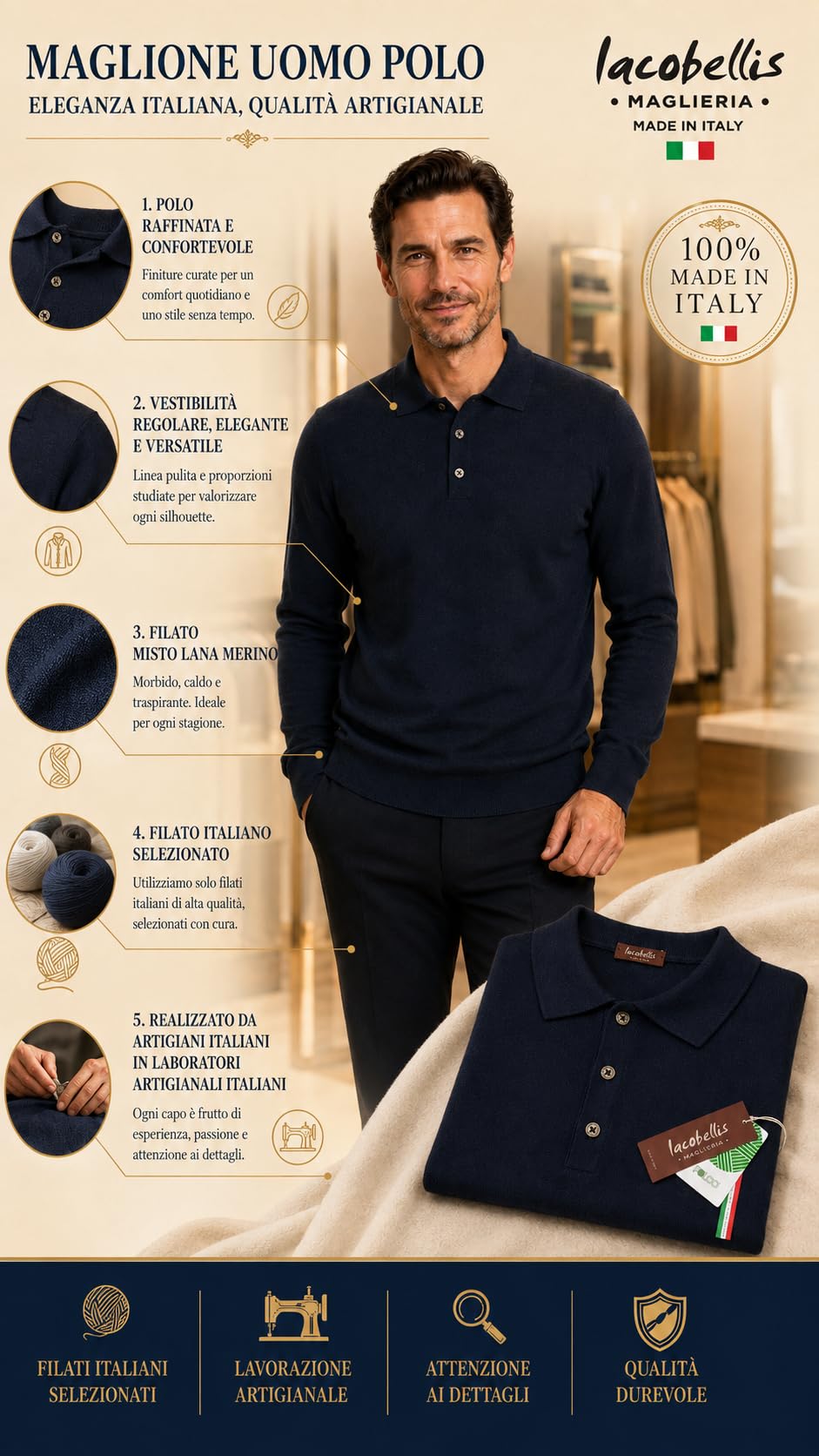 Maglione Uomo Pullover Polo Misto Lana Merinos Extrafine Made in Italy