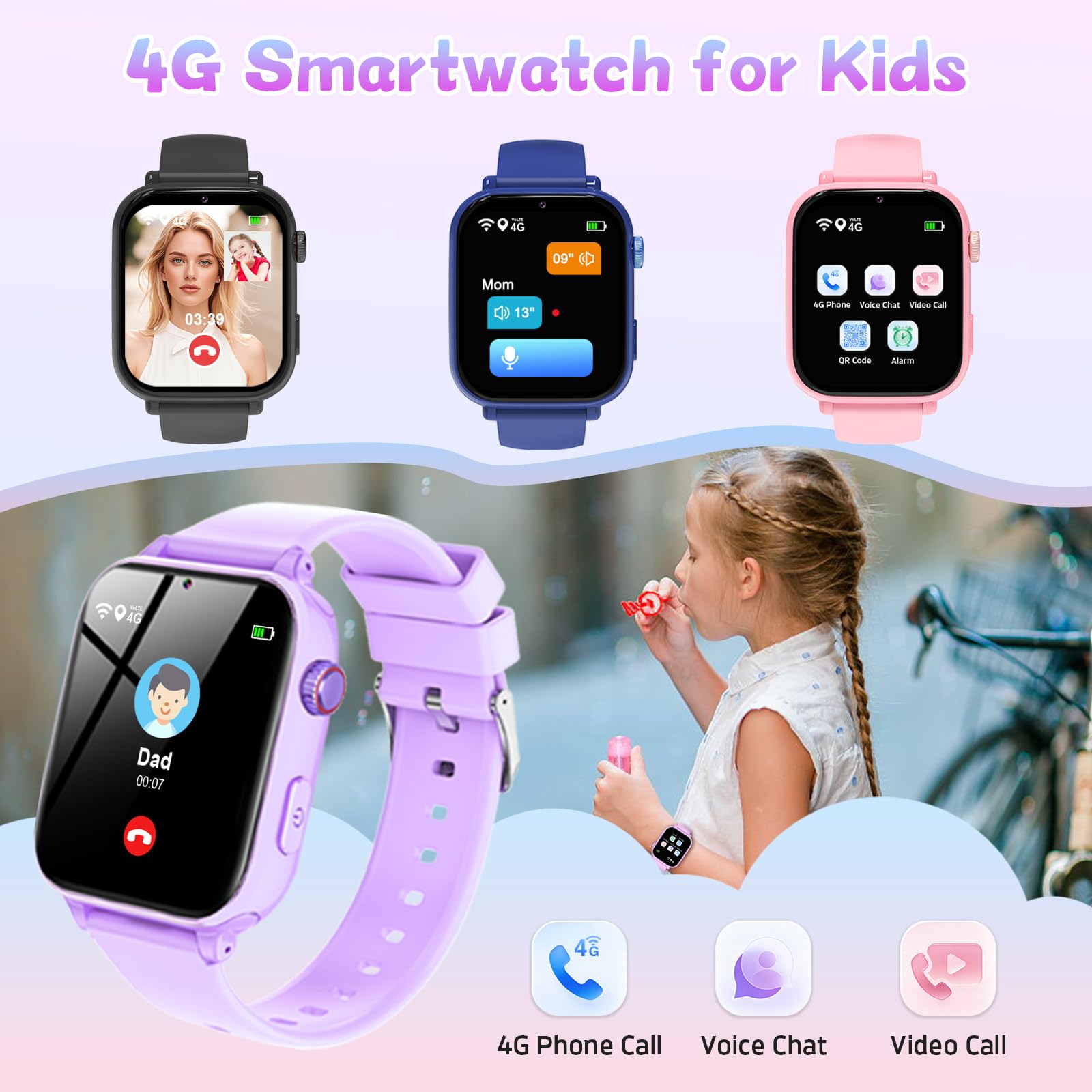 4G Smartwatch Bambini GPS, Orologio Smartwatch per Bambino Bambina con Telefono, Videochiamata Chat Vocale Contapassi Camera Modalità Classe, Smart Watch Ragazza e Ragazzo 4-12 Anni (Lavanda-S2)