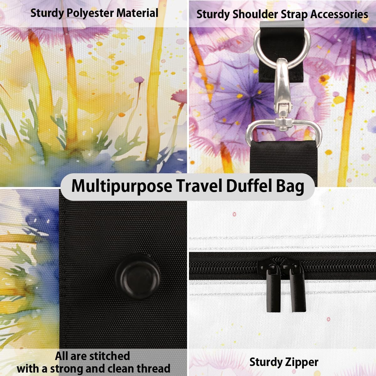 Watercolour Dandelions Travel Duffel Bag for Women Men Large Capacity Overnight Weekender Bags for Lightweight Waterproof Sport Gym Bag for Workout Yoga Swim