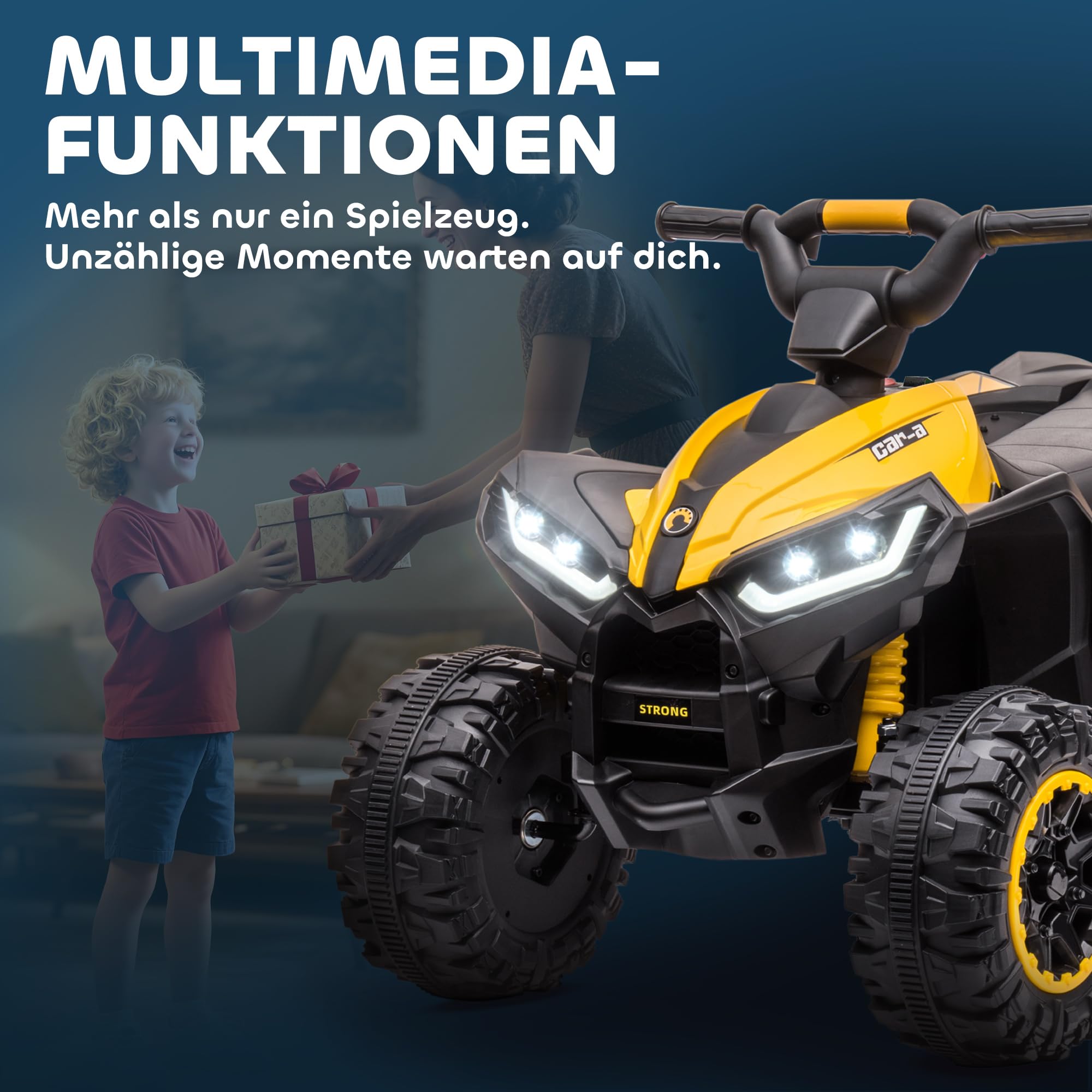 HOMCOM Kinder Quad Elektro 12V Kinderquad mit 35W Motor für 3-5 Jahre Gelb | Vorwärts-, Rückwärtsfunktion, Musik, USB-Anschluss, Hupe, LED-Scheinwerfer, 3-6km/h, Elektro-Quad