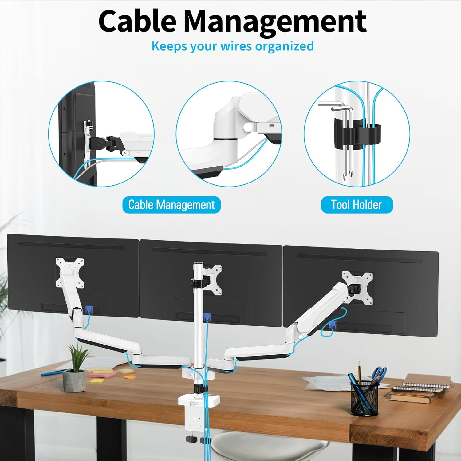 Diagram illustrating the cable management system and tool holder integrated into the MOUNTUP Triple Monitor Mount.