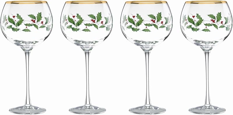 Copas de vino Lenox Holiday Balloon, 14 oz, juego navideño de 4 | lavar a mano solamente | diseño rojo festivo | regalo de hospedaje navideño, 8 pulgadas | 14oz, regalo para mujeres, vasos para beber