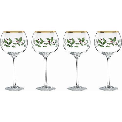 Lenox Drinkware, Holiday 4-Piece Wine Balloon Glass Set, Set Of 4, 16 Oz Capacity, Made From Glass, Festive Red Christmas Design, Hand Wash Only, Christmas Decorations, Winter Decor (4 Piece)