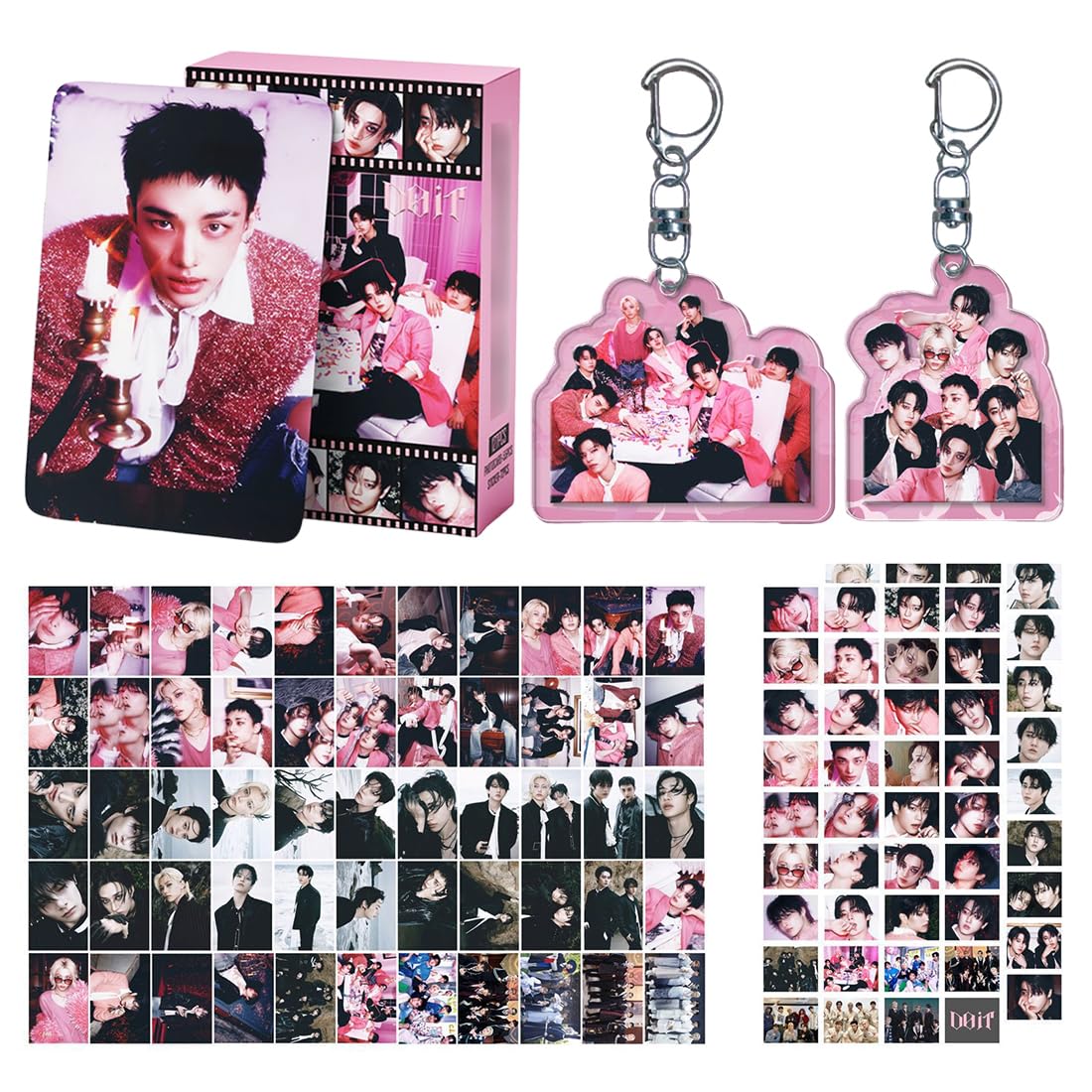 SK Tarjeta de Foto de Acción Real de Estrella Masculina Coreana, 55 Postales y 72 Pegatinas, Con 2 Piezas de SK Figuras del llavero,Set de Regalo de Merchandising