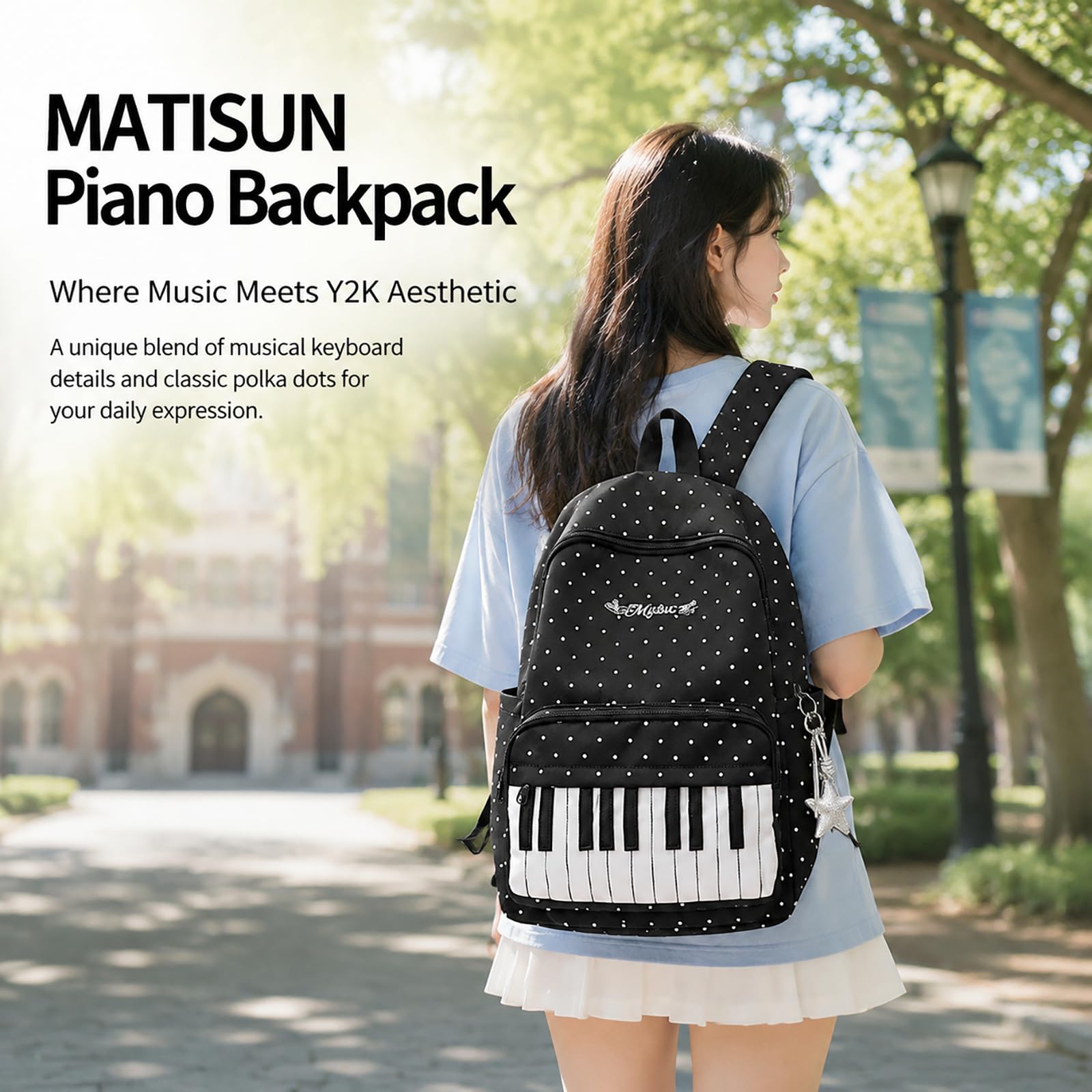 Piano Backpack With Polka Dot Pattern, Cutecore Style Daypack For High School Students, Travel And Everyday Use (Two Pcs)