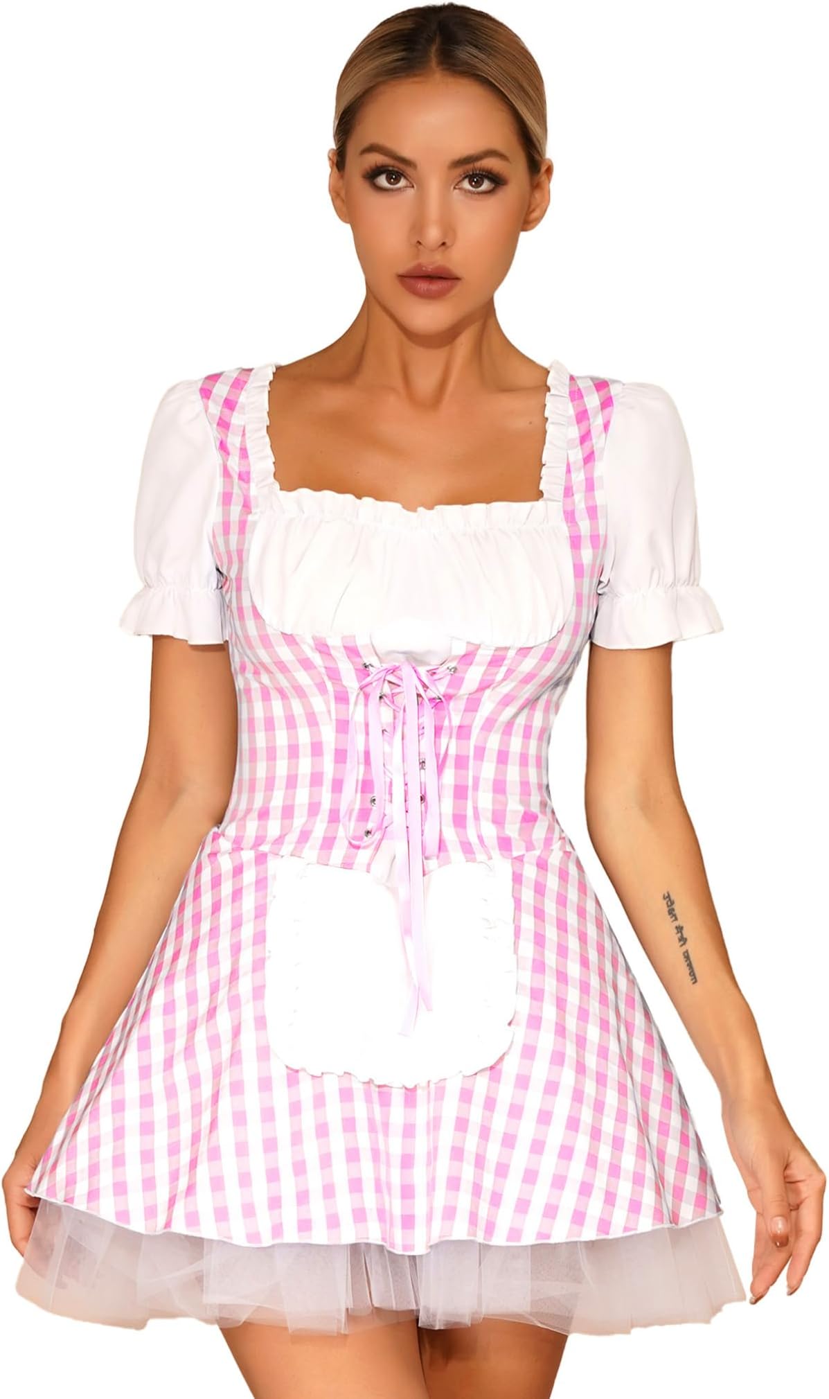 FEESHOW Womens Gingham Dress Miss Muffet Cosplay Fancy Dress Ruffle Plaid Maid Dress Costume with Apron