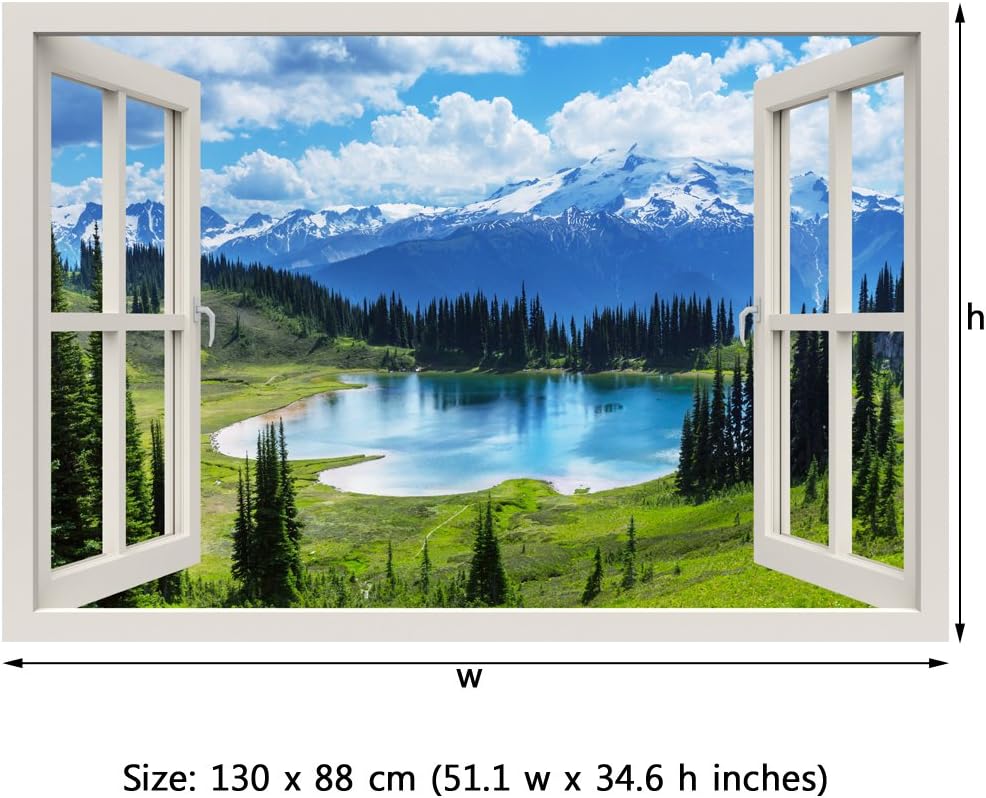 RoyalWallSkins Window Frame Mural Cool Water of the Lake - Huge Size - Peel and Stick Fabric Illusion 3D Wall Decal Photo Sticker