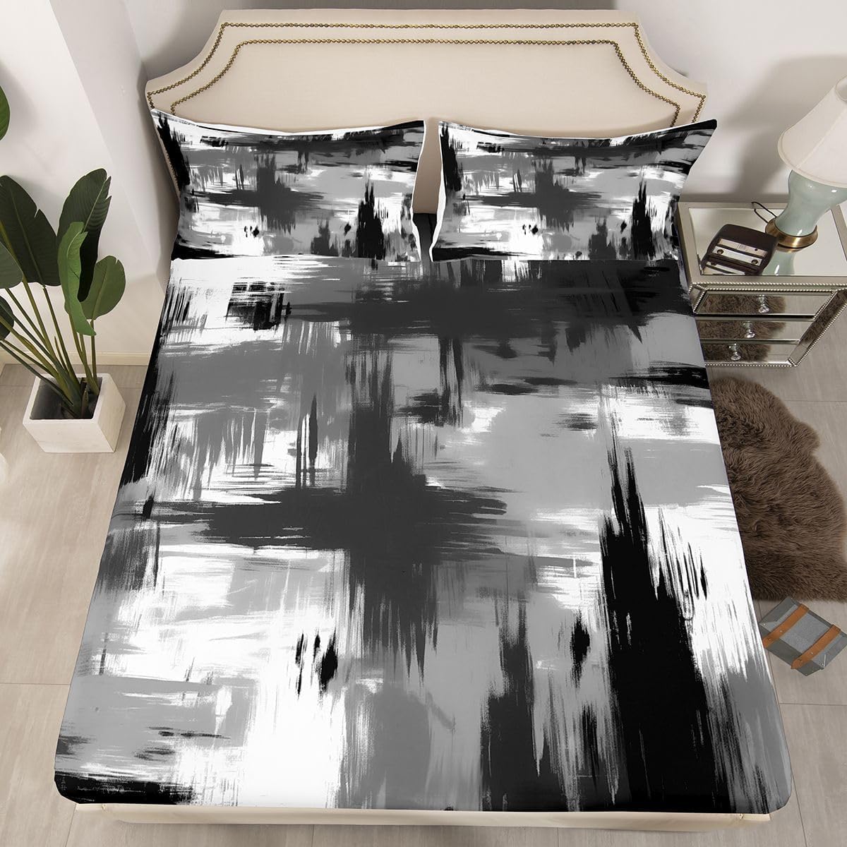 Feelyou Grey Black White Abstract Bed Sheets Set King Size Geometric Sheet Set for Kids Stripe Line Sheets with Deep Pocket Fitted Sheet Women Men Teens Ultra Soft Decor Modern Art Bedding Set