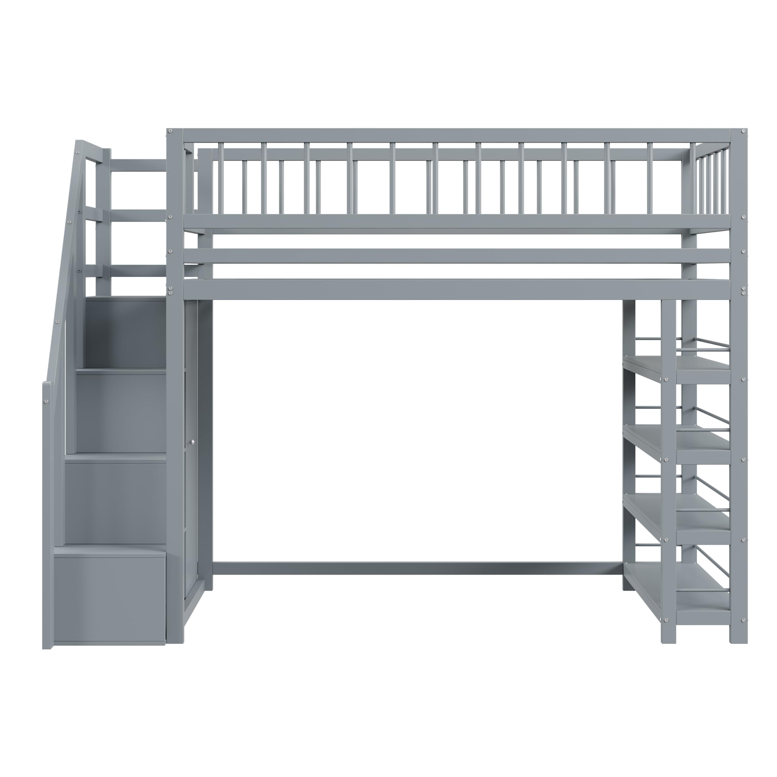 Letto A Soppalco 90x200 Cm In Legno Massiccio: Con Armadio, Scaffali E Spazio Gioco. Design Di Sicurezza Con Sponda Alta E Scala. Colore Grigio, Max 120 Kg