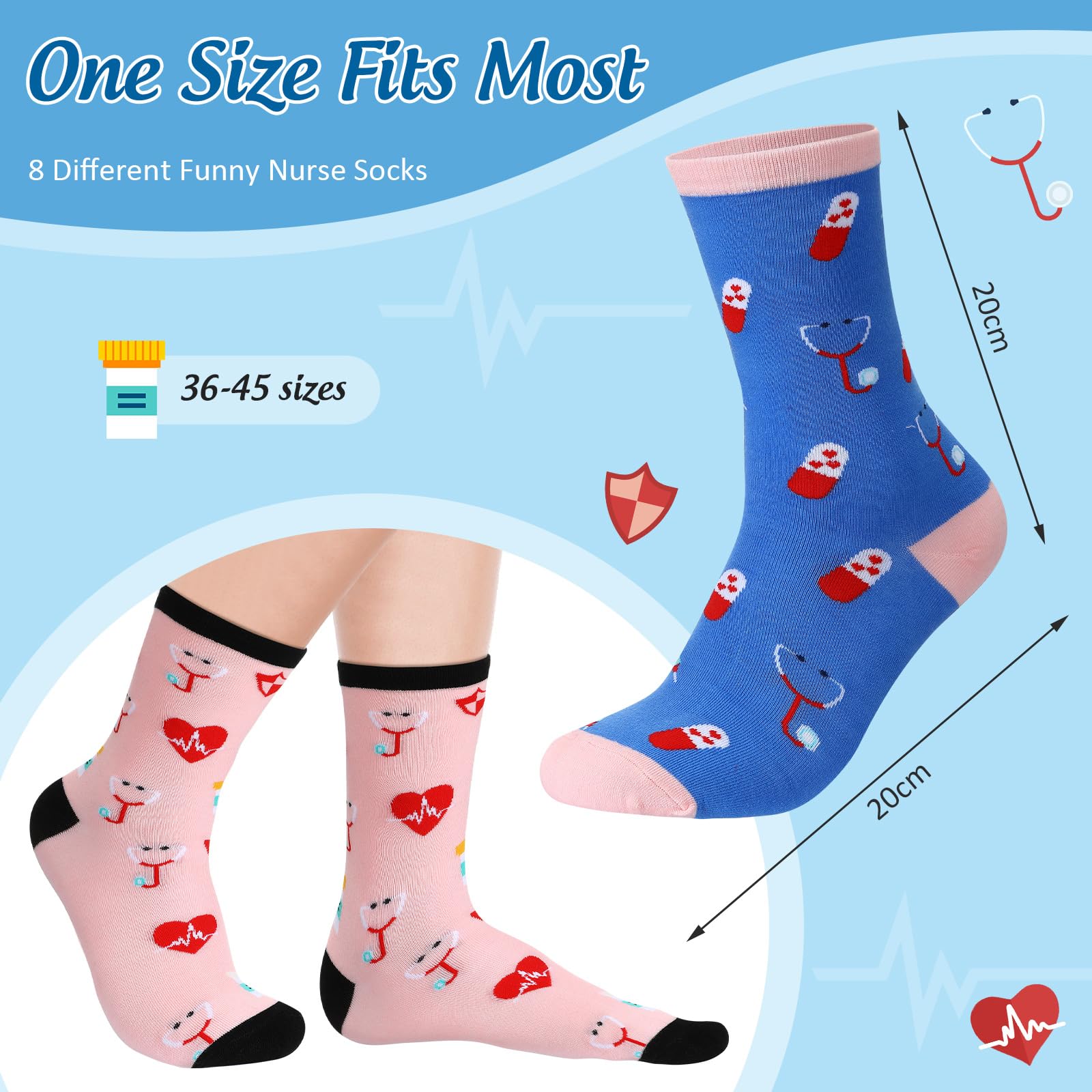Hicarer 8 Calcetines Enfermera Divertidos Mujer Estampados Algodón Calcetines Agradecimiento Regalos Enfermera Médicos
