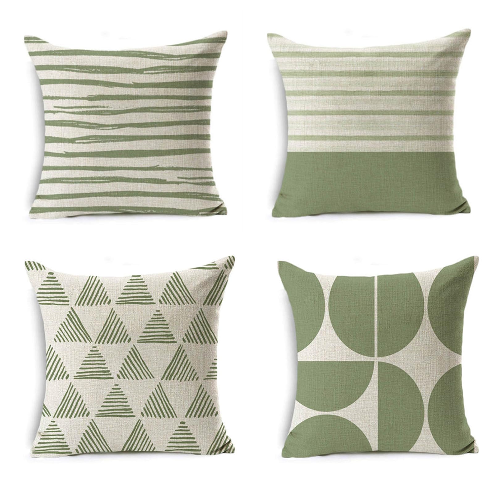 Housse coussin 50x50cm lot de 4 en lin avec bande verte double face pour canapé de salon