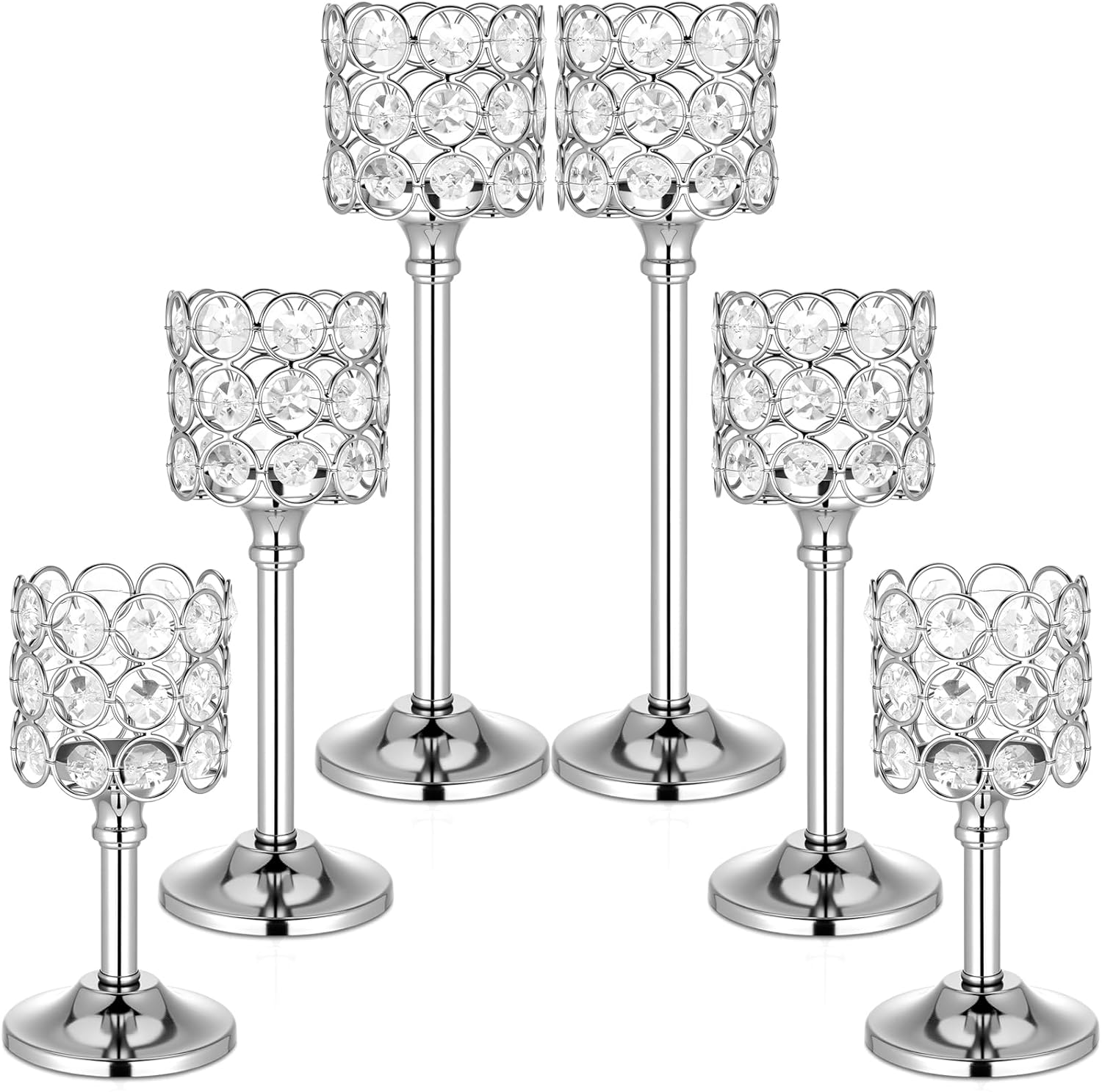Mumufy 6 Pieces Crystal Candle Holders Set 3 Sizes Tall Crystal Wedding Candlestick Holders Pillar Candelabra Stand for Table Centerpieces for Christmas Party Wedding Dining Decoration (Gold)