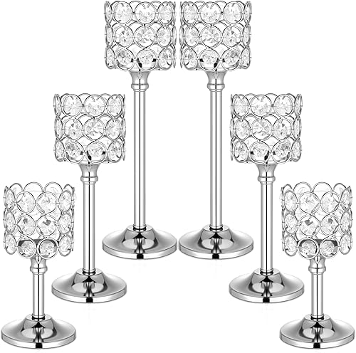 Mumufy Juego de 6 portavelas de cristal, 3 tamaños de alto, candelabros de cristal para boda, soporte para centros de mesa para decoración de