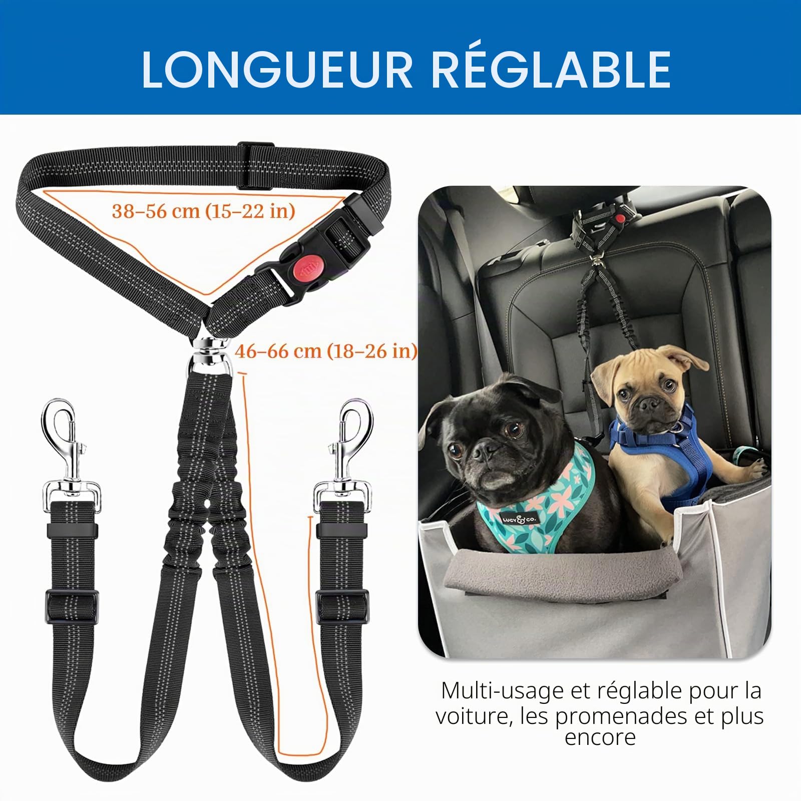 Réglable Double Ceintures de Sécurité pour Chien pour Voiture avec Absorption des Chocs pour Chien