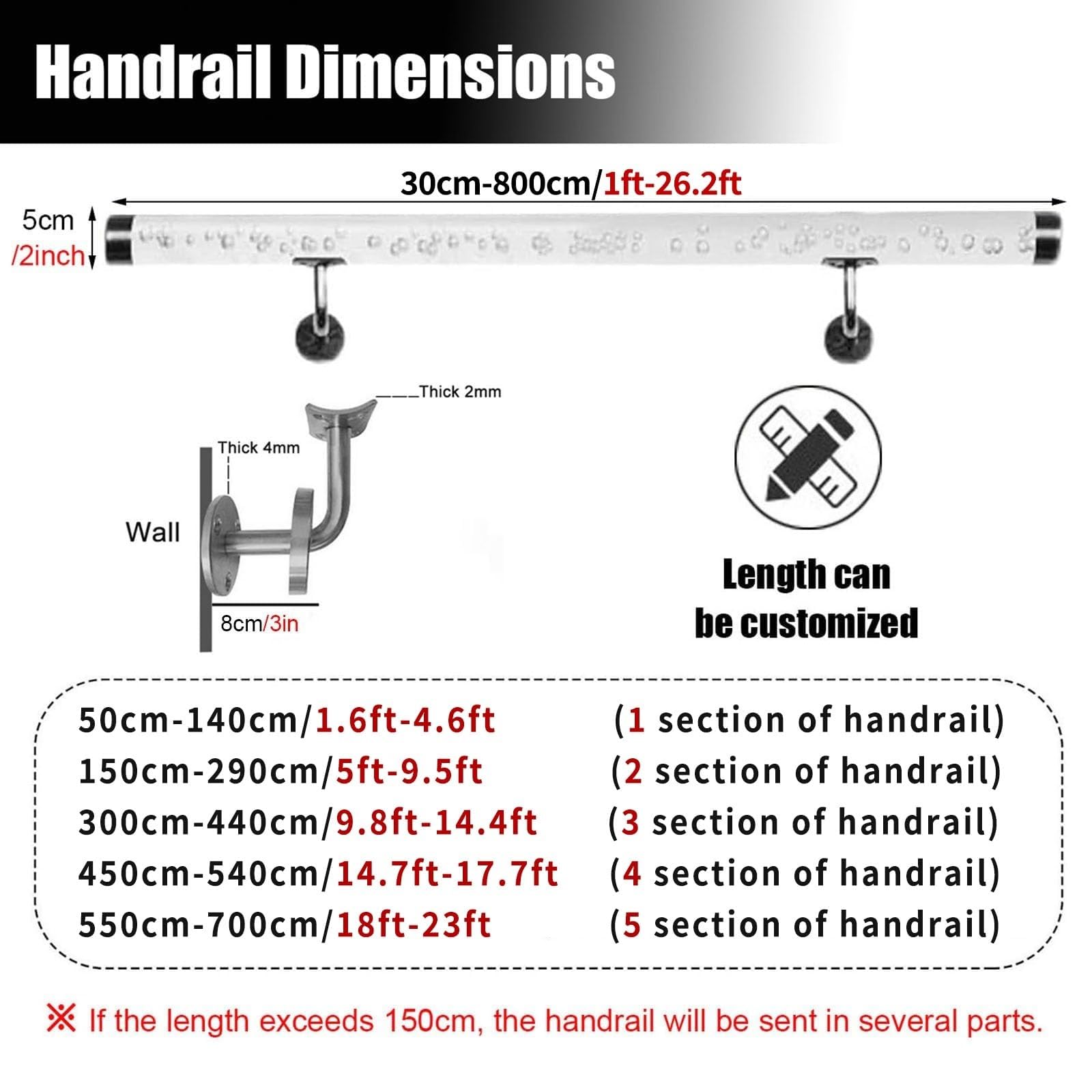 40cm Pasamanos Acrílico Transparente Pretil for escaleras - 1m 2m 3m 4m 5m 6m Antideslizante Cristal Transparente Pasamanos for escaleras Interiores Equipo Completo for Paredes(30cm/0.98ft)
