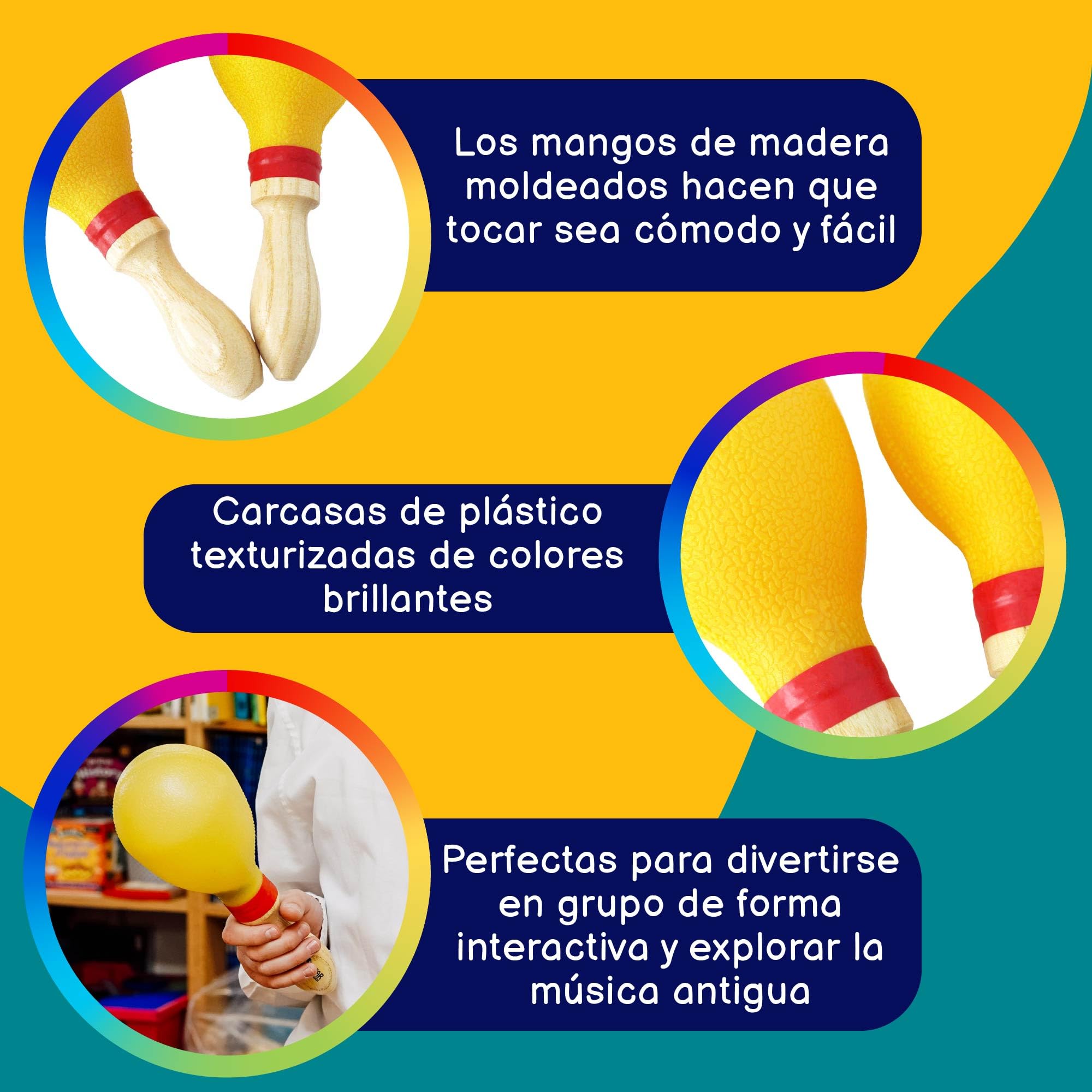 A-Star - Par de maracas grandes de plástico con mango de madera - Sonajero agitador de 25 cm, instrumento de ritmo de percusión - Paquete de 10 pares