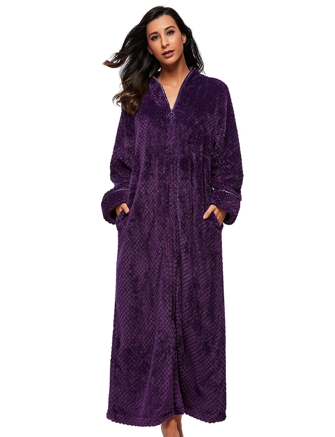 BELLOO Ladies Soft Fleece Dressing Gown Full Length Fluffy Bathrobe Zip Up