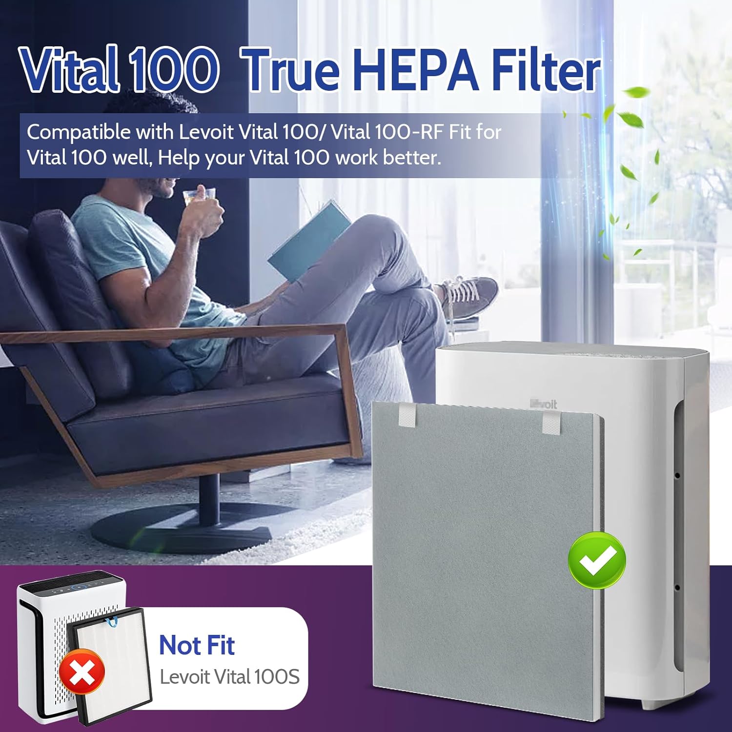 2 Pack Vital 100 Replacement Filter for LEVOIT Vital100 Air Purifiers, 2 Vital 100-RF HEPA & 4 Pre-Filter for 3-in-1 Stage Filtration - Image 2