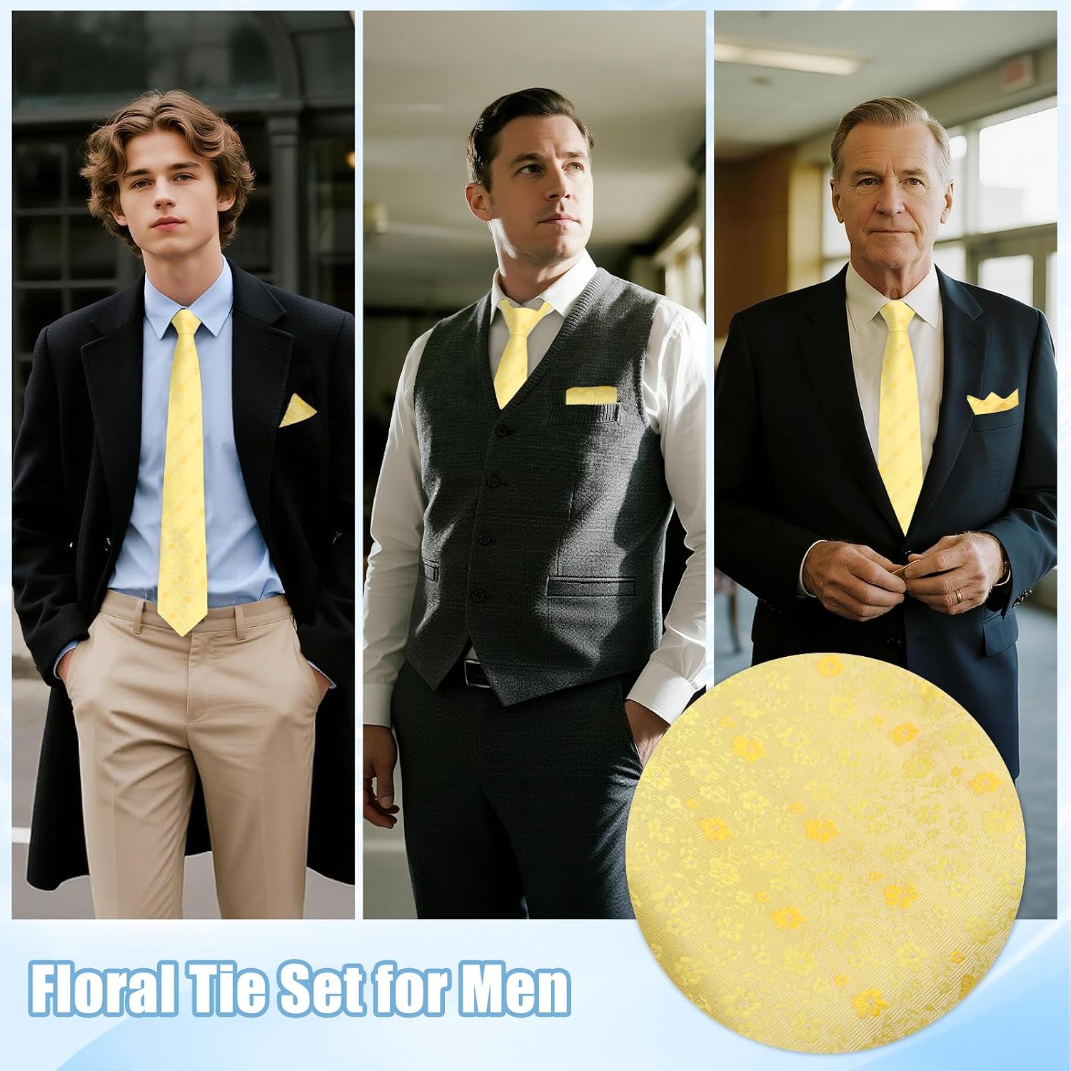 Mens Floral Tie with Handkerchief Cufflinks Set Flower Ties for Men Satin Neck Ties Mens for Wedding Banquet Office