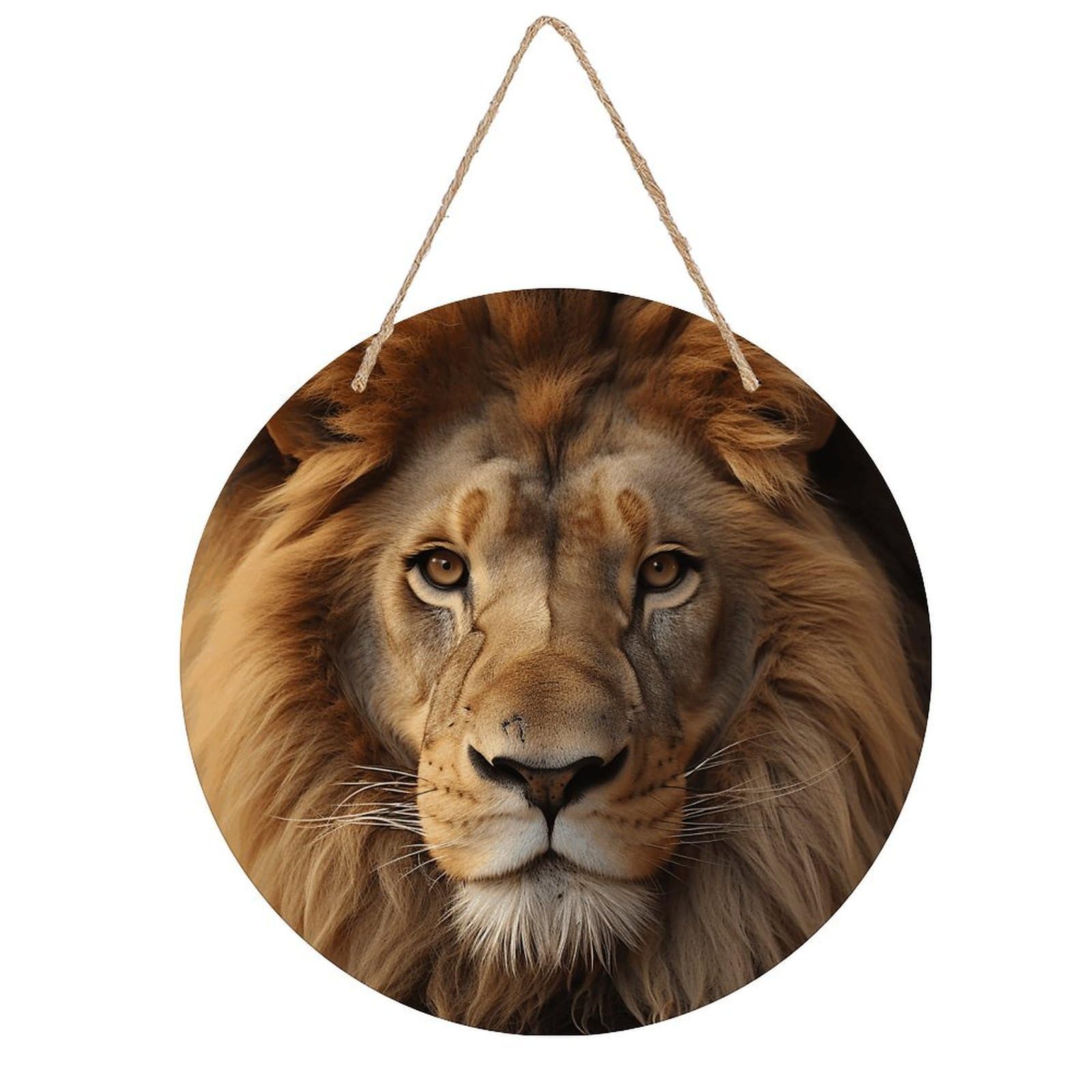 VstaDank African Lion Head Wall Decor Round Wood Hanging Sign 7.9x7.9 in Wooden Circle Door Hanger with Ropes, Rustic Wall Art Decor for Home Front Door Indoor Outdoor Decoration