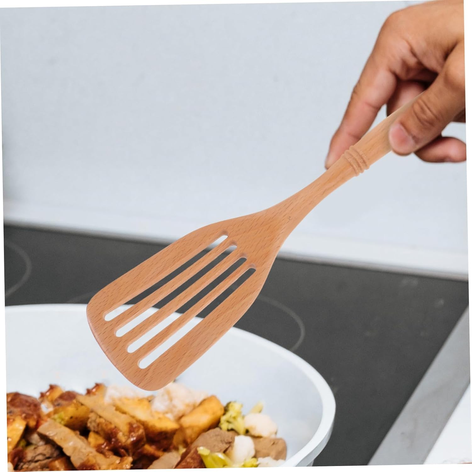 Mobestech Wooden Spatula Nonstick Kitchen Utensil Heat Resistant Cooking Tool with Ergonomic Handle Shovel for Baking Stirring and Flipping Nonstick Cookware