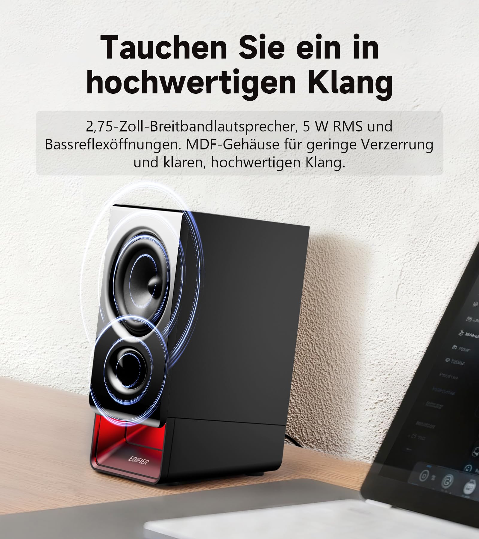 Edifier R20BT USB-betriebene Computerlautsprecher, 2,75-Zoll-Breitbandlautsprecher, Bluetooth 6.0,Touch-Bedienelemente,AUX-Eingang,benutzerdefinierte Umgebungslichtund Klangprofile über APP – Schwarz