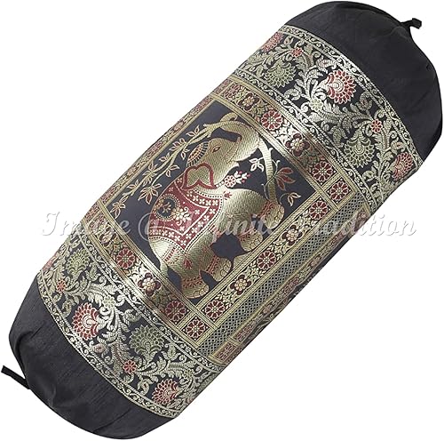 Miniatura 2 de Funda de cojín de seda brocado de jacquard indio, cilíndrica, color negro, para yoga, sofá grande, redonda, decoración del hogar, sala de estar,