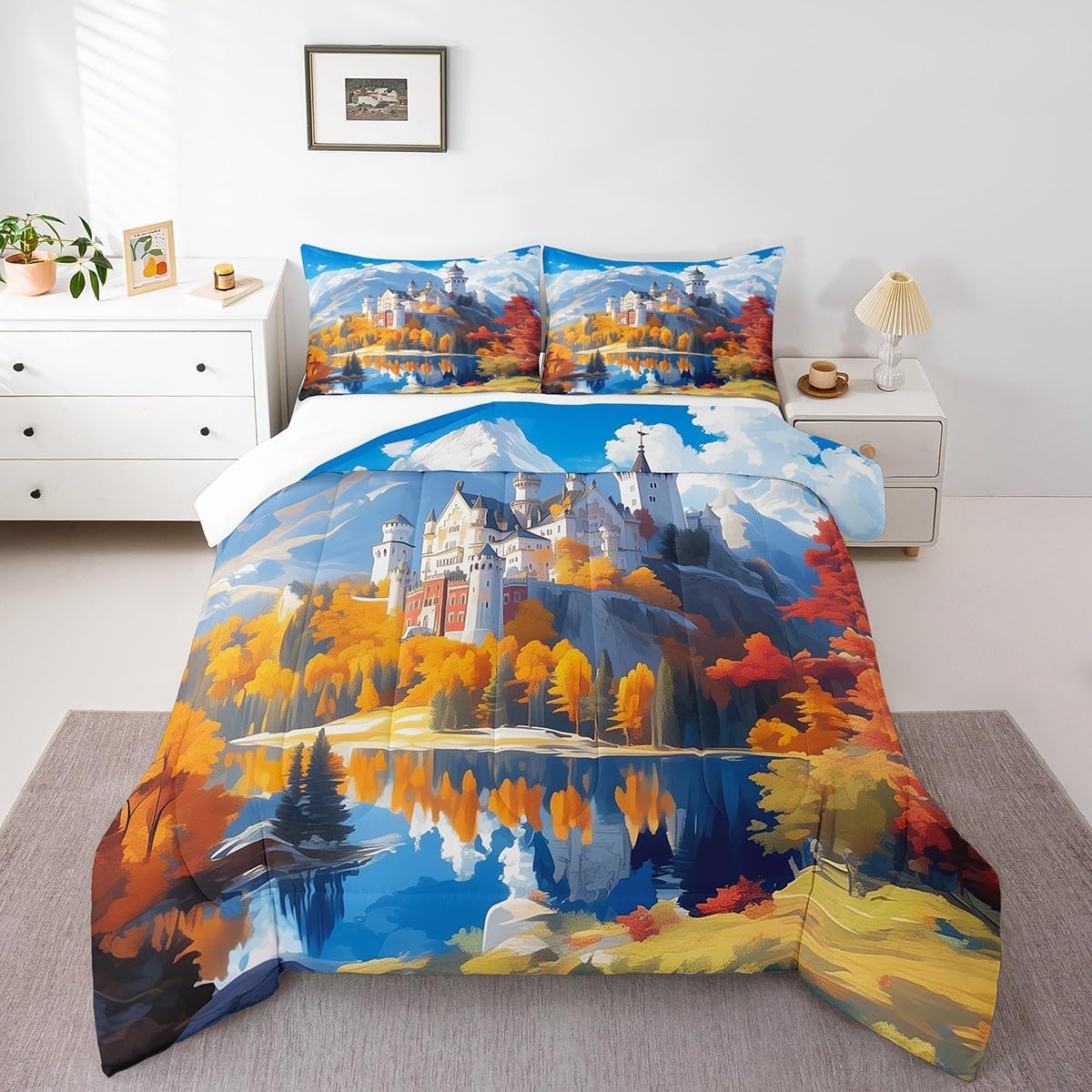 Castle Fairy Watercolor Scenery Comforter Set Toddler Size Ink Wash Painting Bedding Set Bedroom Decor Natural Woodland Mountain Quilt Set for Kids Boys Girls Jungle Trees Duvet Insert 2Pcs