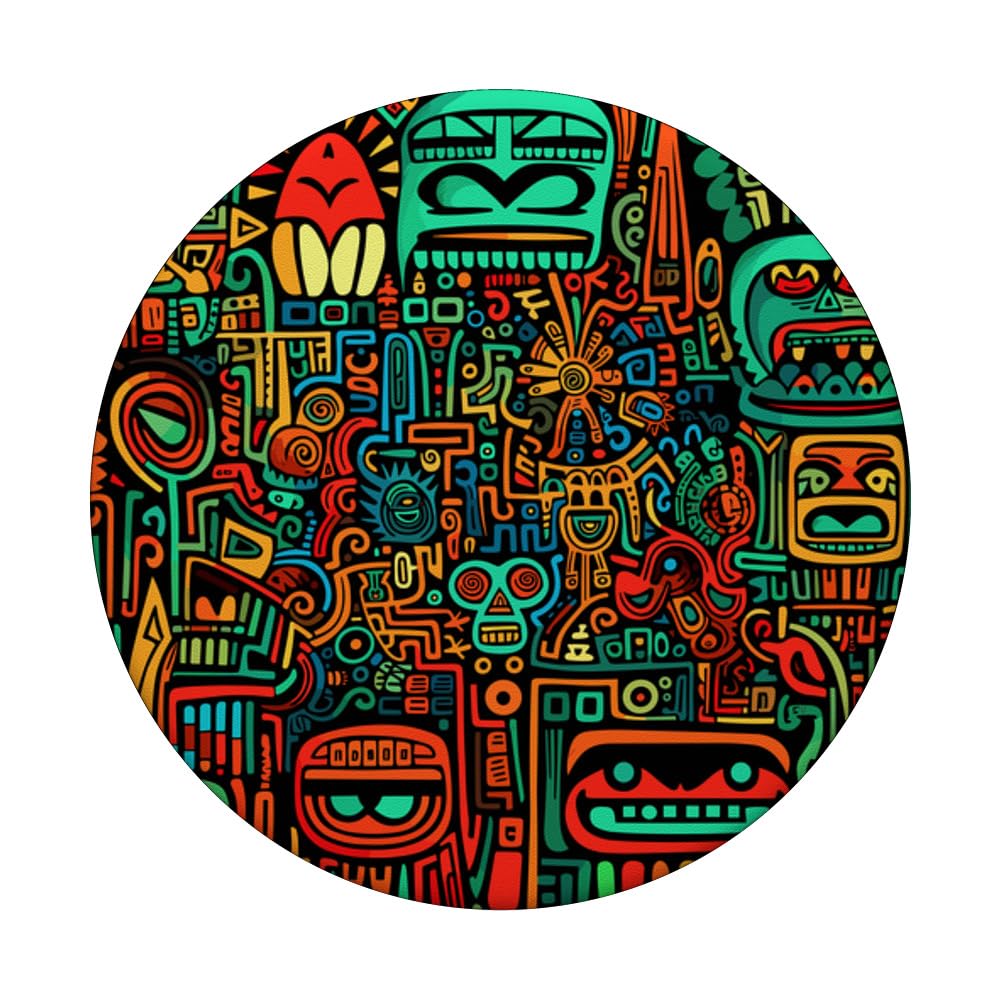 Tribal Figures Colorful Drawing Mesoamerican Style Mayan Art PopSockets Swappable PopGrip, Black - Image 3