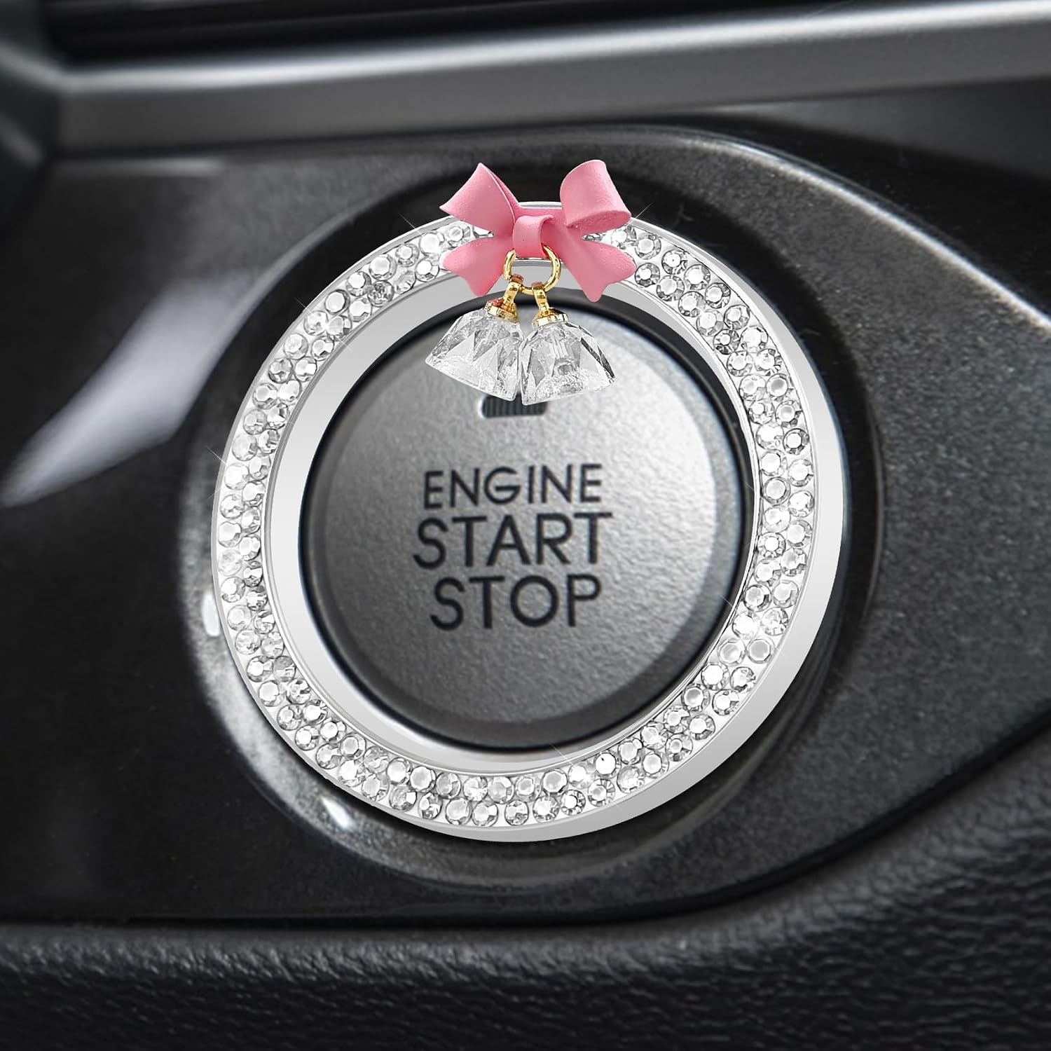 Car Push Start Button Cover Ring, Engine Start Button Cover, Cute Bow Bling Car Engine Stop Decoration Ring, Auto Sparkly Rhinestone Bell Key Ignition Knob Sticker for Women Girls (White)