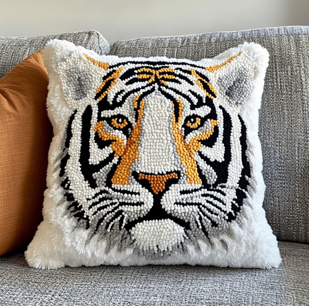 Kitquiver Latch Hook Kits for Adults Tiger Rug Cover Pillowcase Beginner DIY Needlework Embroidery Kits Handmade Set Craft Sofa Home Decor 43X43Cm