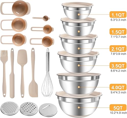 Miniatura 8 de Juego de tazones para mezclar con tapas herméticas, juego de 20 utensilios de cocina, 6 cuencos de acero inoxidable, 3 accesorios para rallar, parte