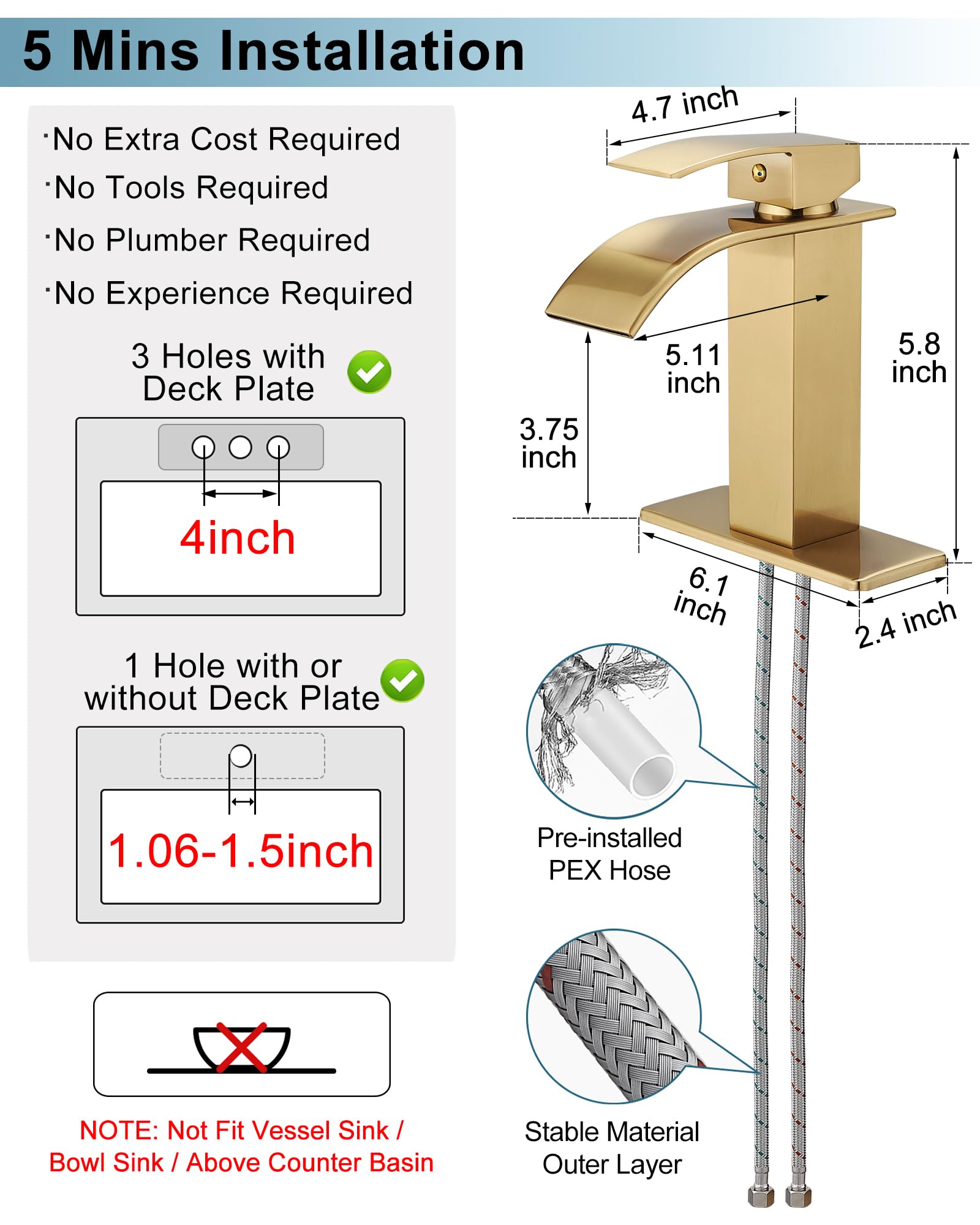 Grifo de baño Dorado con Efecto Cascada, grifos de baño de latón de un Orificio o de Tres Orificios de 4 Pulgadas, Grifo de Lavabo de baño Monomando con Placa de Cubierta y desagüe.