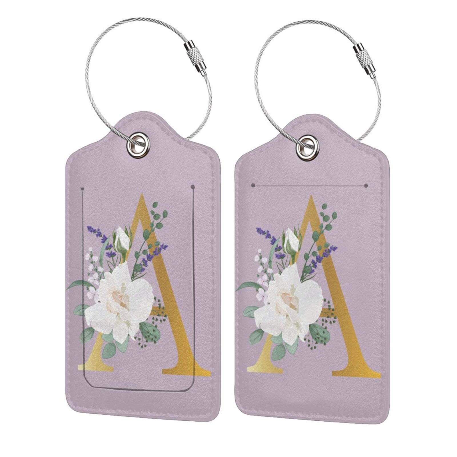 2 PCS Flower Lette A Luggage Tag for Suitcases Leather Travel Cruise Luggage Tags with Stainless Steel Loop Privacy Cover Id Label Suitcase Tags Pink