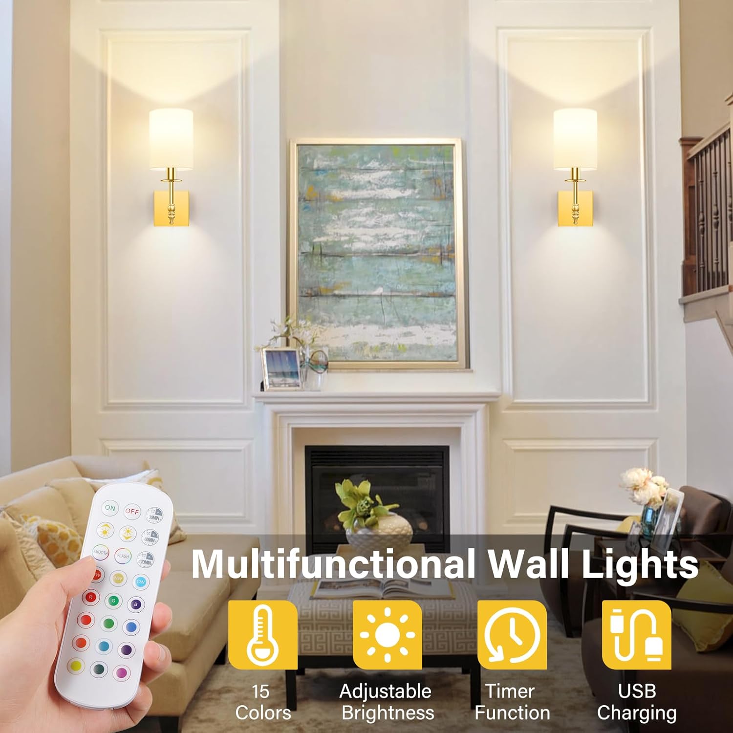 Bosceos 14.5 Inch Battery Operated Wall Sconces Set of 2, Gold Rechargeable Wall Lights with Remote, Wireless Wall Lamps with 15 Color Dimmable Bulbs for Bedroom Living Room Hallway Decor