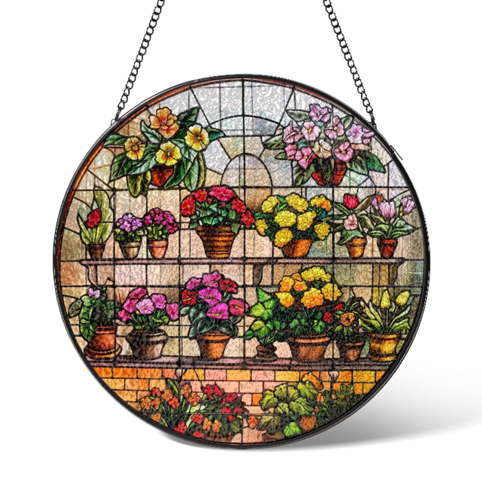 Flower Greenhouse Suncatcher Stained Glass Window Hanging,Flowers Suncatchers Garden Decor Christmas Birthday Gifts,Floral Sun Catchers Home Decoration for Kitchen Patio Porch Windows 5.9 IN