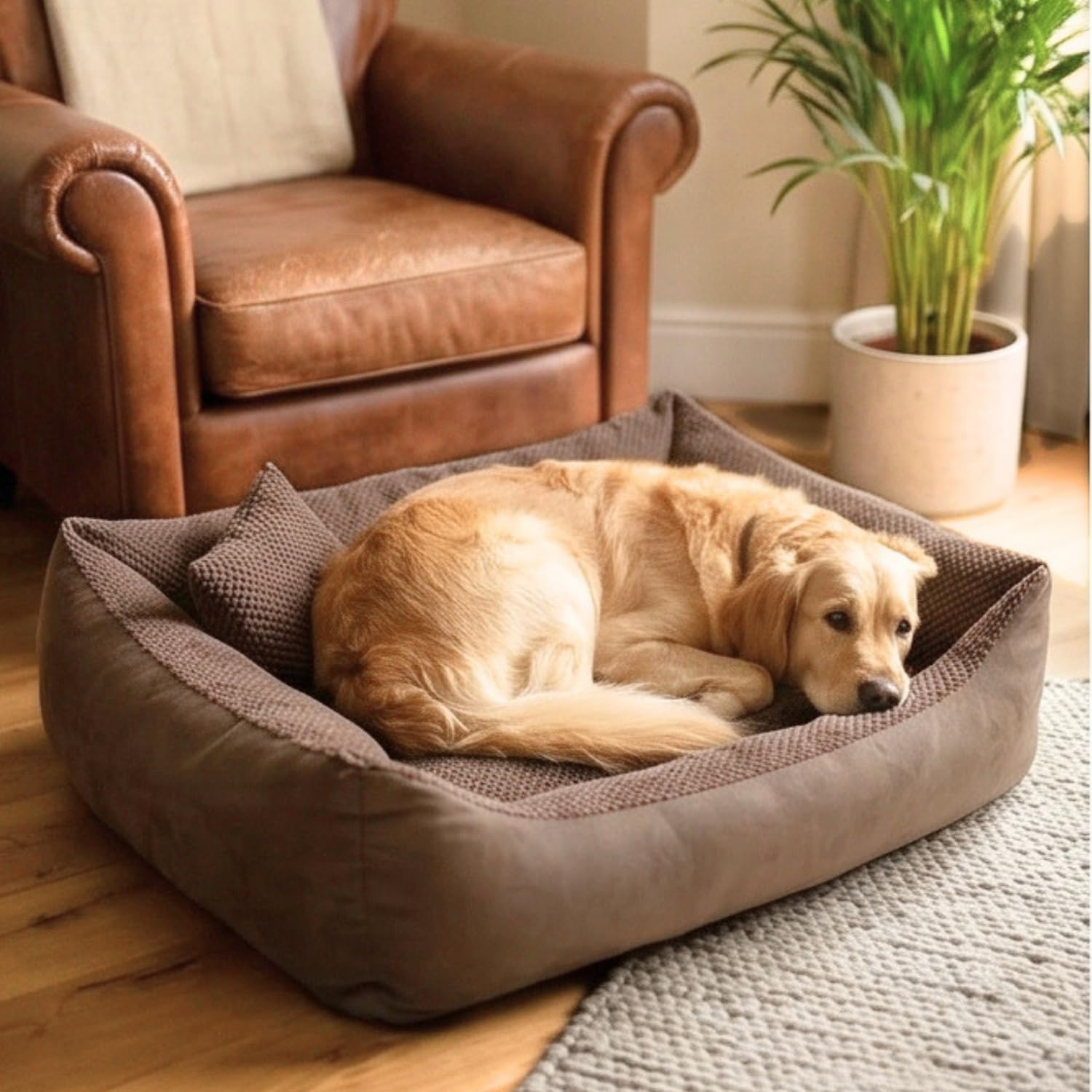 4L Textil TEO Cama para Perros Medianos Lavable y Desenfundable – Sofá para Perros en Tejido Resistente, Cojín Cómodo – 80x60 cm, Marrón | Con cremallera, lavable a máquina