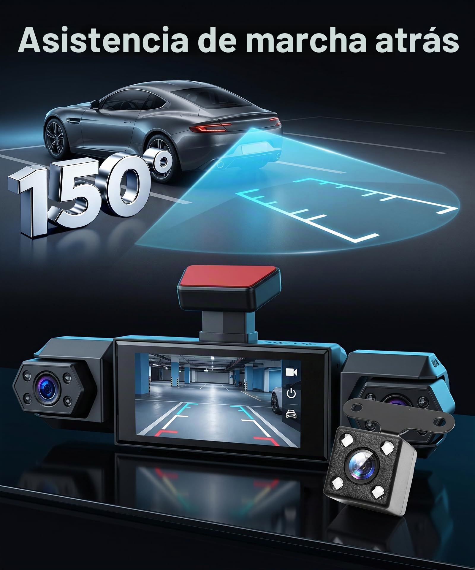 Rimoody 360° 4 Canales Dashcam para Coche, 4 1080P Delantera y Trasera Izquierda Derecha, 3.16 Pulgadas Dash CAM 1080P con Visión Nocturna IR/Vídeo en Bucle/24H Monitor/Asistencia de Estacionamiento