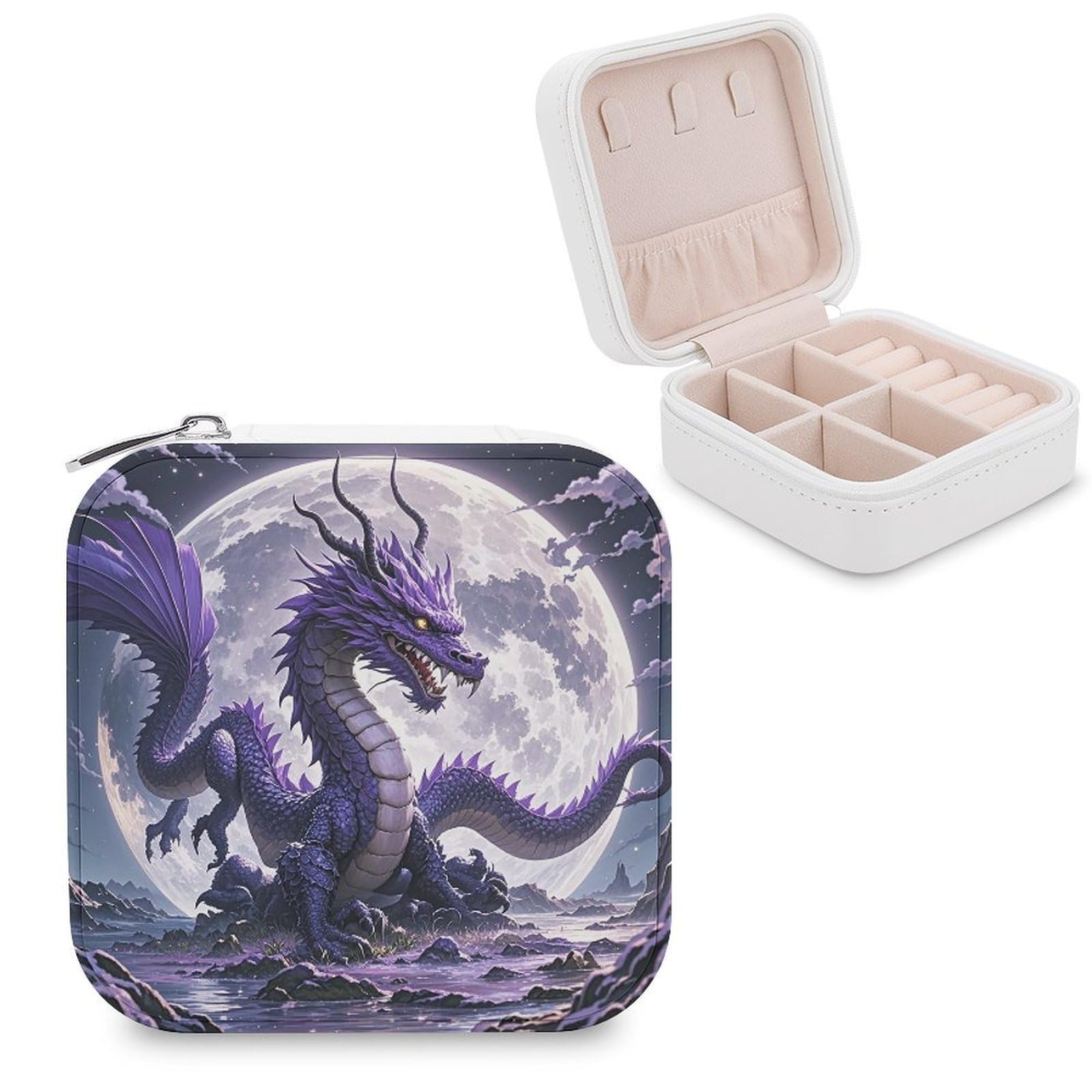 LZQPOEAS Purple Dragon Purple Moon Jewelry Box Mini Jewelry Travel Case Trendy Stuff Ring Box Custom PU Leather Jewelry Boxes Portable Jewelry Case Earring Storage Organizer for Girls Women