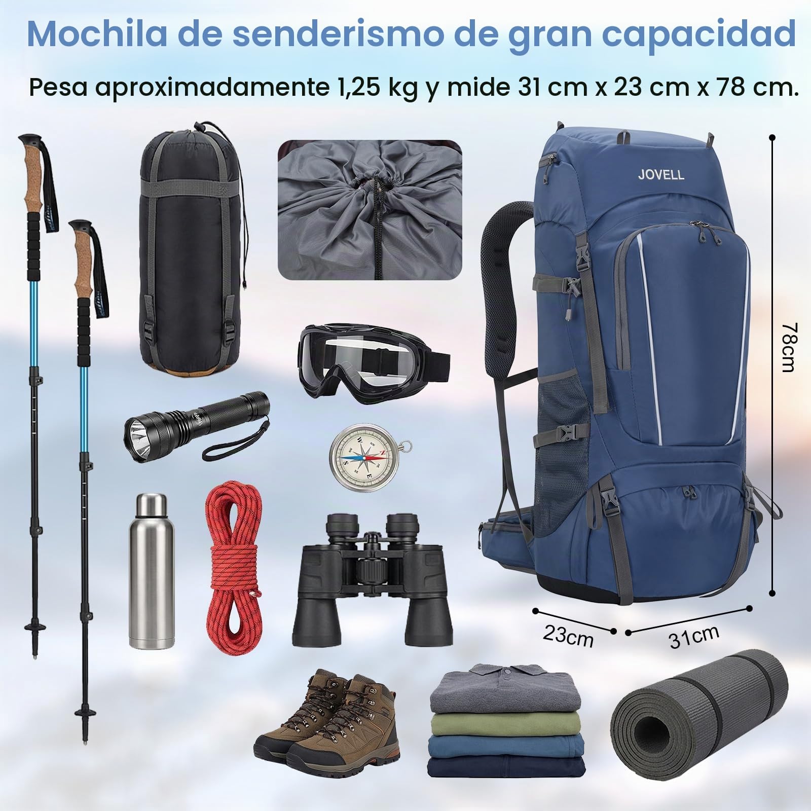 70L Mochila de Senderismo con Cubierta para Lluvia, Paquete de Viaje y Camping para Deporte al Aire Libre, Escalada, Excursionismo y Senderismo, Equipaje de Mochilero para Hombres y Mujeres (Azul)