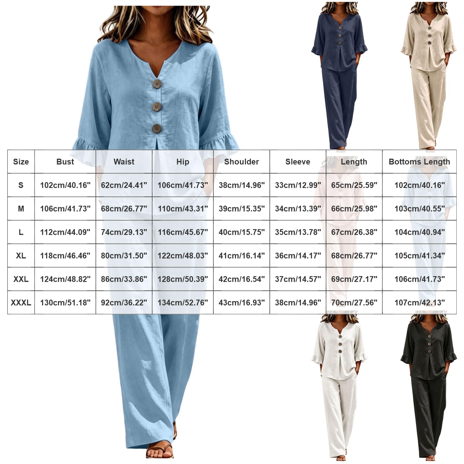 Ensemble Femme Chic et Elegant Deux Pièces Grande Taille Chemise Manches Longues Col V avec Bouton Et Pantalon Ample Taille Elastique Streetwear Outfit Set Léger Décontracté Couleur Unie Loungewear