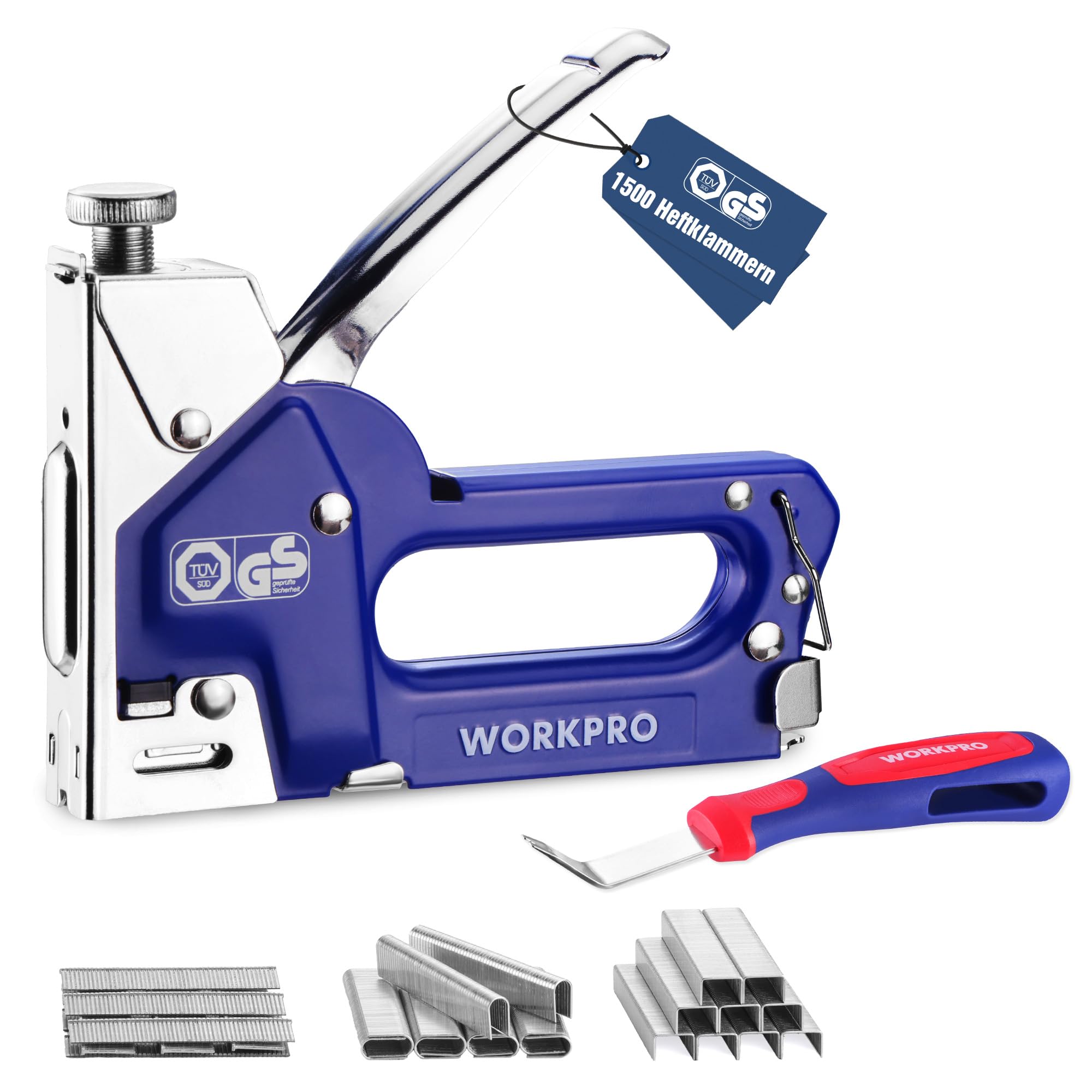 WORKPRO 3-in-1 Handtacker für Holz - Holztacker mit einstellbarer Schusstiefe, 1500 Klammern inkl. Klammerentferner - Tackerpistole für Möbel, Stoff, Dachpappe