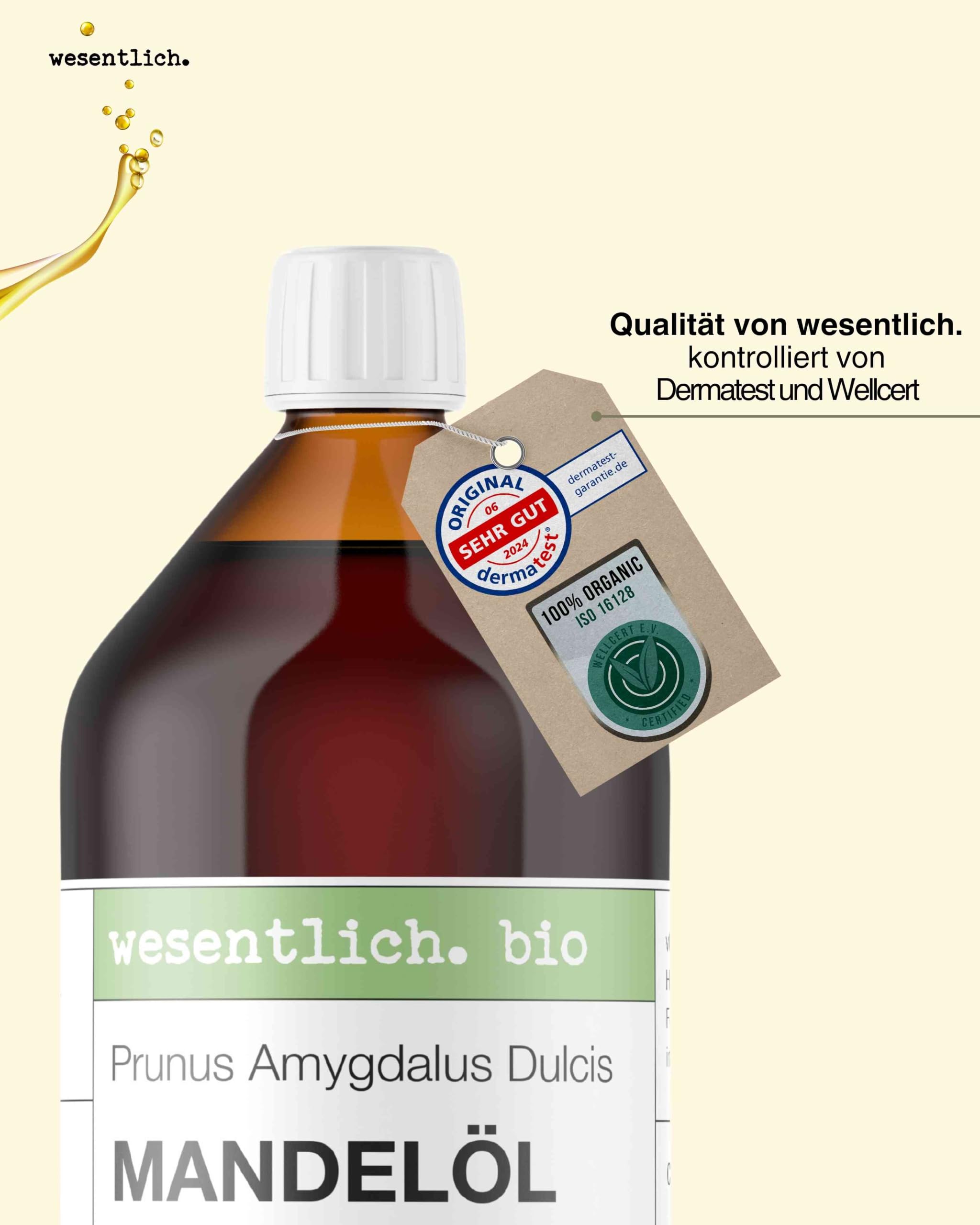 wesentlich. Mandelöl BIO kaltgepresst | für Kosmetik, Haare und Gesicht | Baby Pflege und Basis für Badeöl und Massageöl | 1000ml